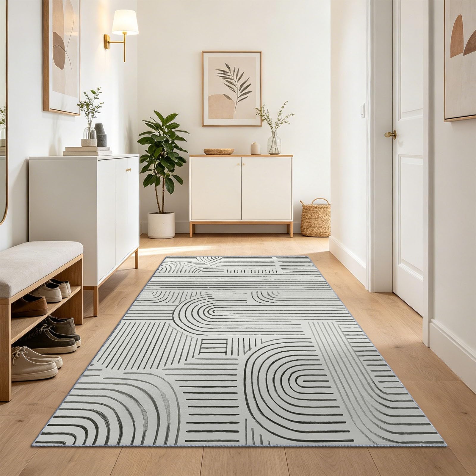 Tapis couloir 60x210 cm design géométrique minimaliste blanc