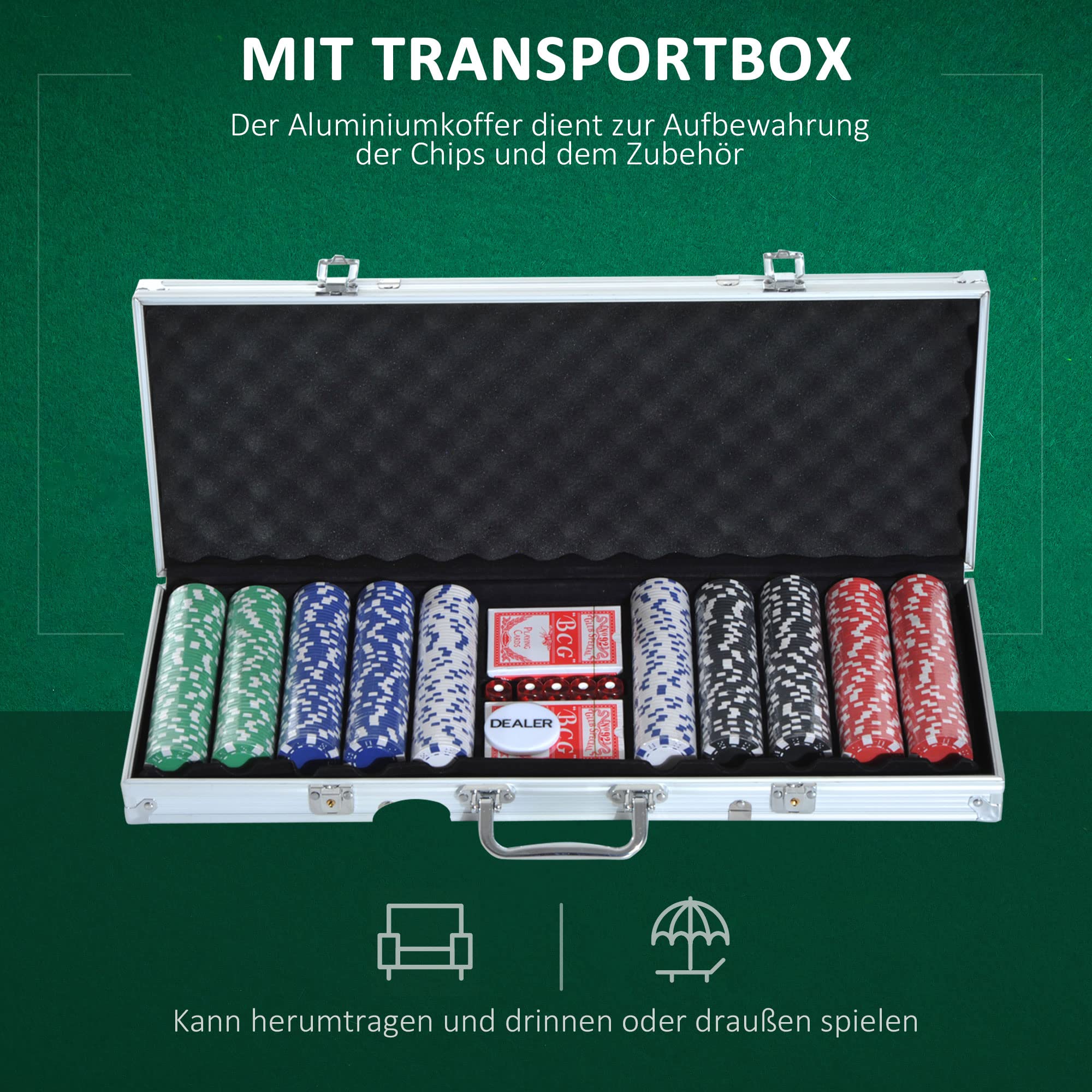 HOMCOM Pokerkoffer Pokerset 500 Pokerchips 2xKartenspiel 5xWürfel 1xAlukoffer Poker Set Jetons Koffer Alu+ Polystyrol 55,5x22x6,5 cm