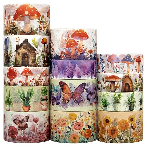 Washi - Juego de 13 rollos de cinta decorativa floral de hongos y mariposas, cinta adhesiva de color para suministros de álbumes de recortes,
