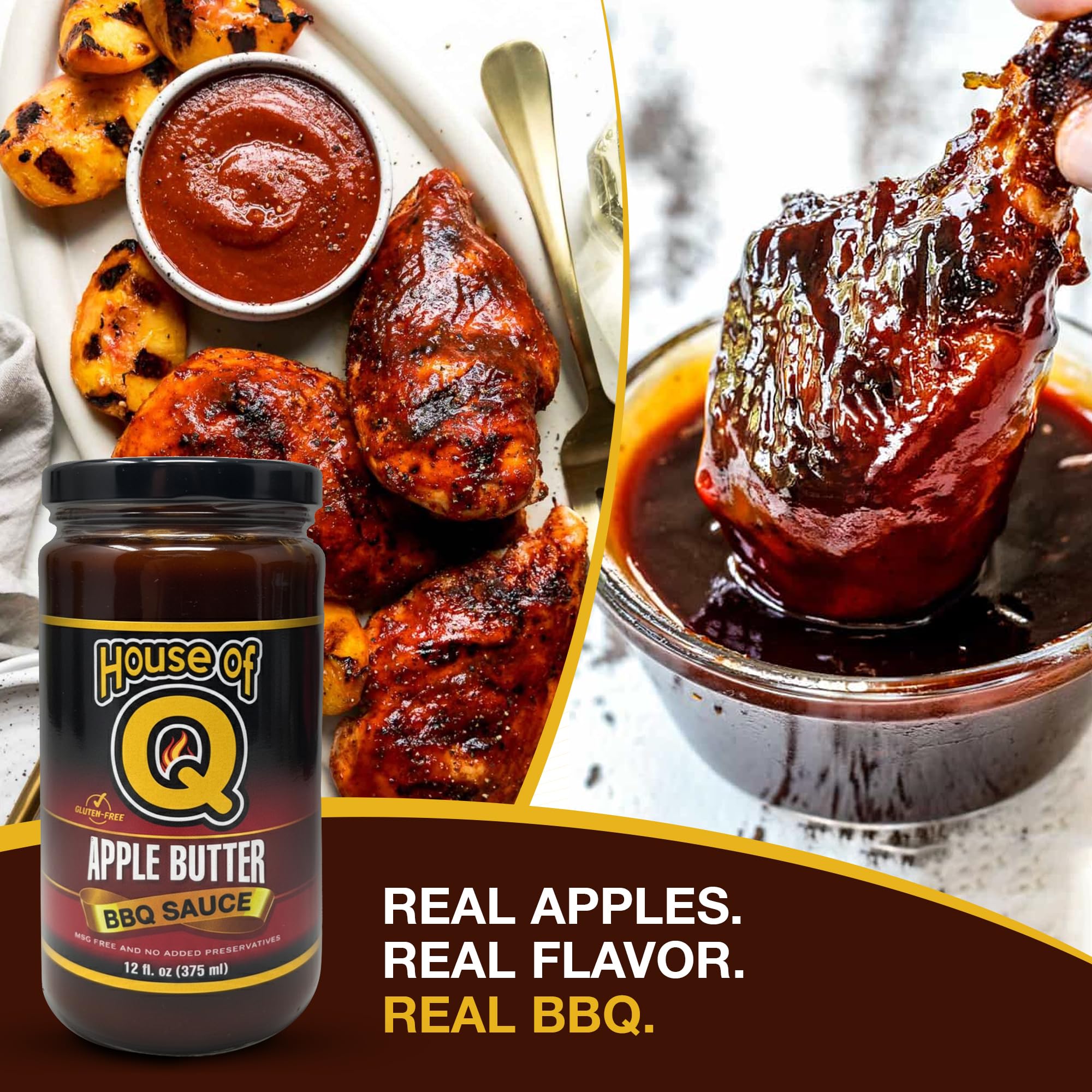 House of Q Apple Butter BBQ Sauce – Sweet & Smoky Apple Barbecue Sauce with Cinnamon, Molasses & Spices – Thick Gourmet Glaze for Chicken, Pork & Burgers – Gluten Free, MSG Free, Preservative Free – 12 oz Jar