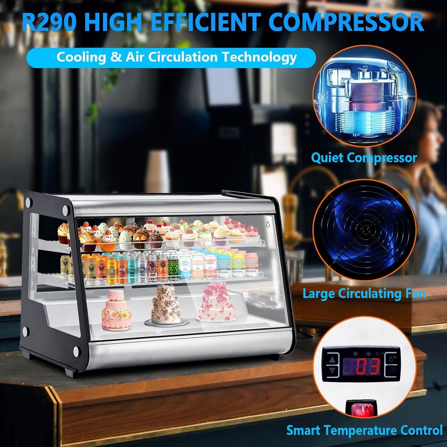 Commercial Display Refrigerator 6.5 Cu Ft, Countertop Refrigerated Display Case with LED Lighting for Bakery, Cafe, 110V/176W