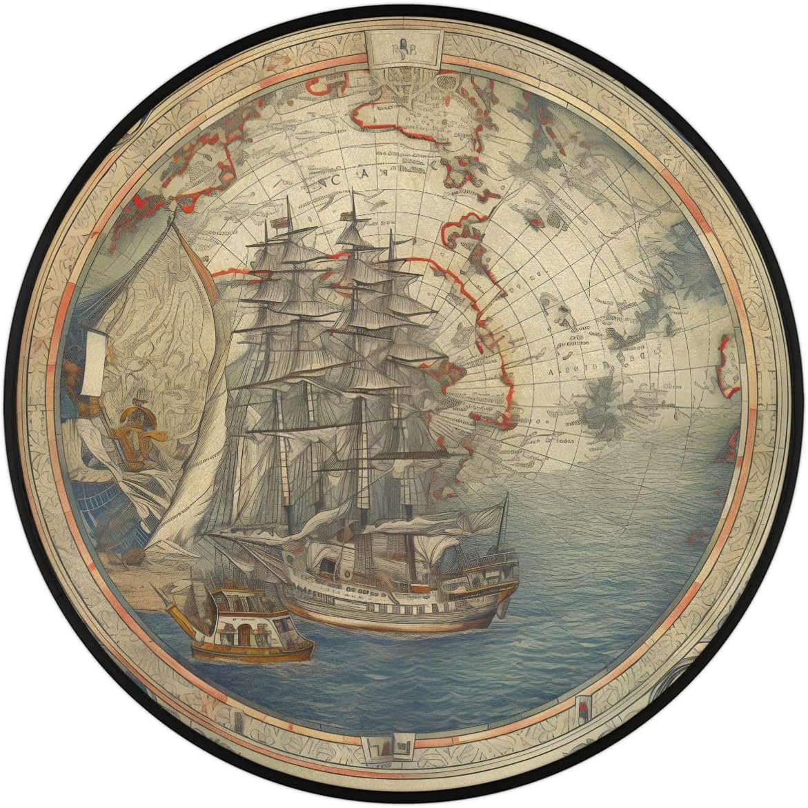 Compass Nautical Ships 3ft Round Area Rug Washable Soft Circle Rugs Non-Slip Indoor Floor Mats Throw Rug Carpet for Nursery Kids Room Living Room Entryway Bedroom Bathroom Decor
