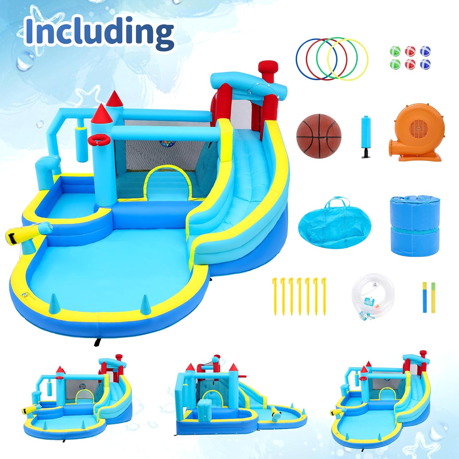 Garvee Inflatable Bounce House for Kids, Inflatable Water Slide with Blower, Climbing Wall, Jumping, Splash Pool, Basketball Hoop for Boys and Girls Indoor Outdoor Backyard