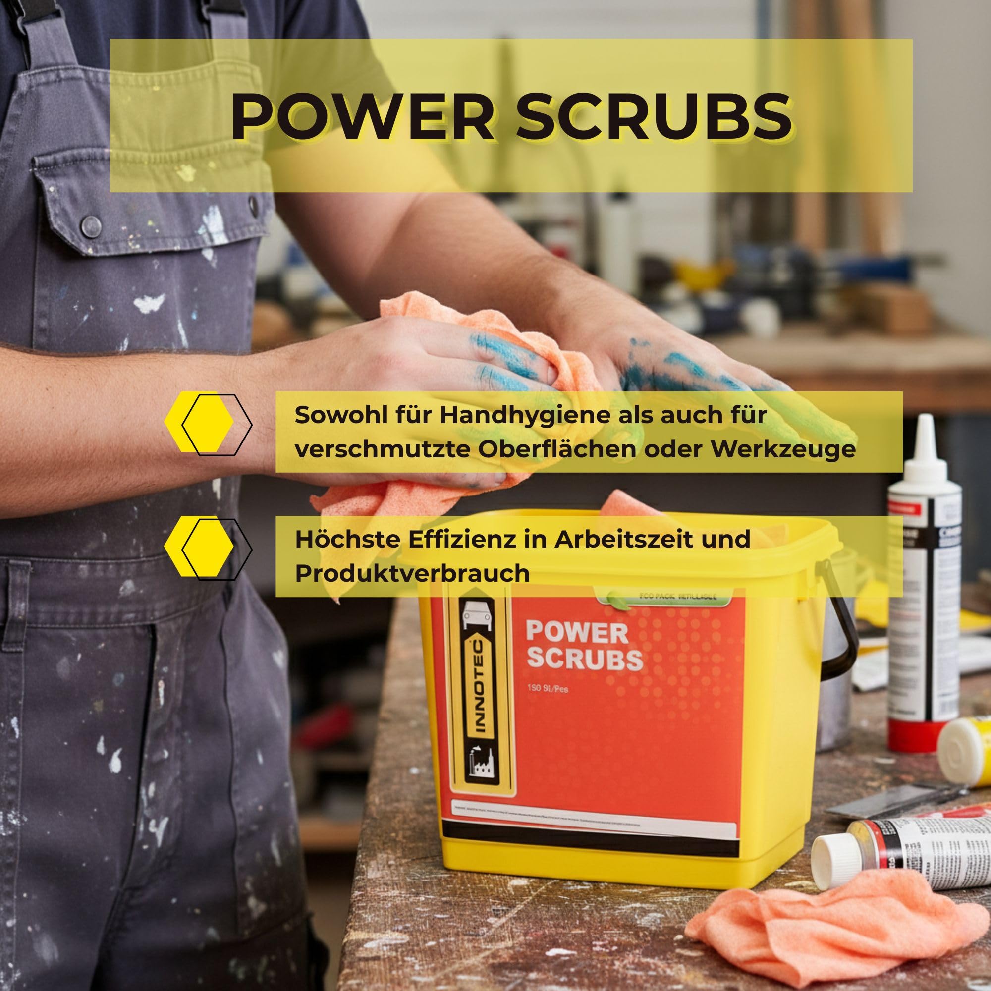 INNOTEC Power Scrubs Box mit 150 Stück – leistungsstarke Reinigungstücher für verschmutzte Hände & Oberflächen – entfernen Fett, Farbe, Kleber, Ruß – ideal für Werkstatt, Industrie & Handwerk