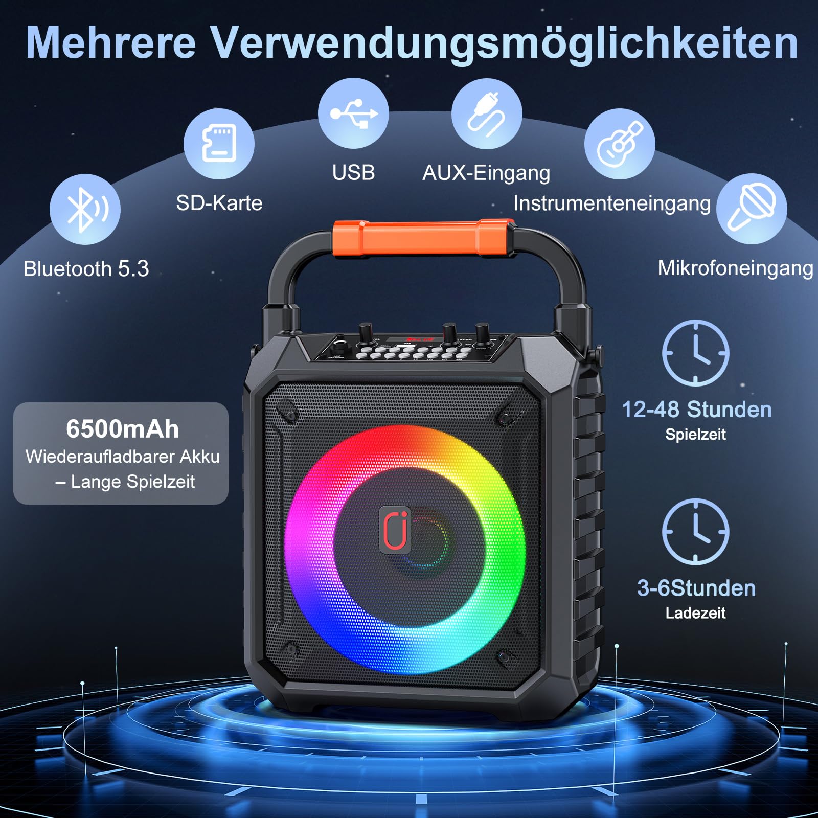 JYX Karaoke Maschine mit 2 kabellosen Mikrofonen, Bluetooth 5.3, 80W Lautsprecher, 6,5-Zoll-Bass, bis 12 Std., LED-Licht, USB/TF/AUX, tragbares Karaoke Set für Kinder und Erwachsene