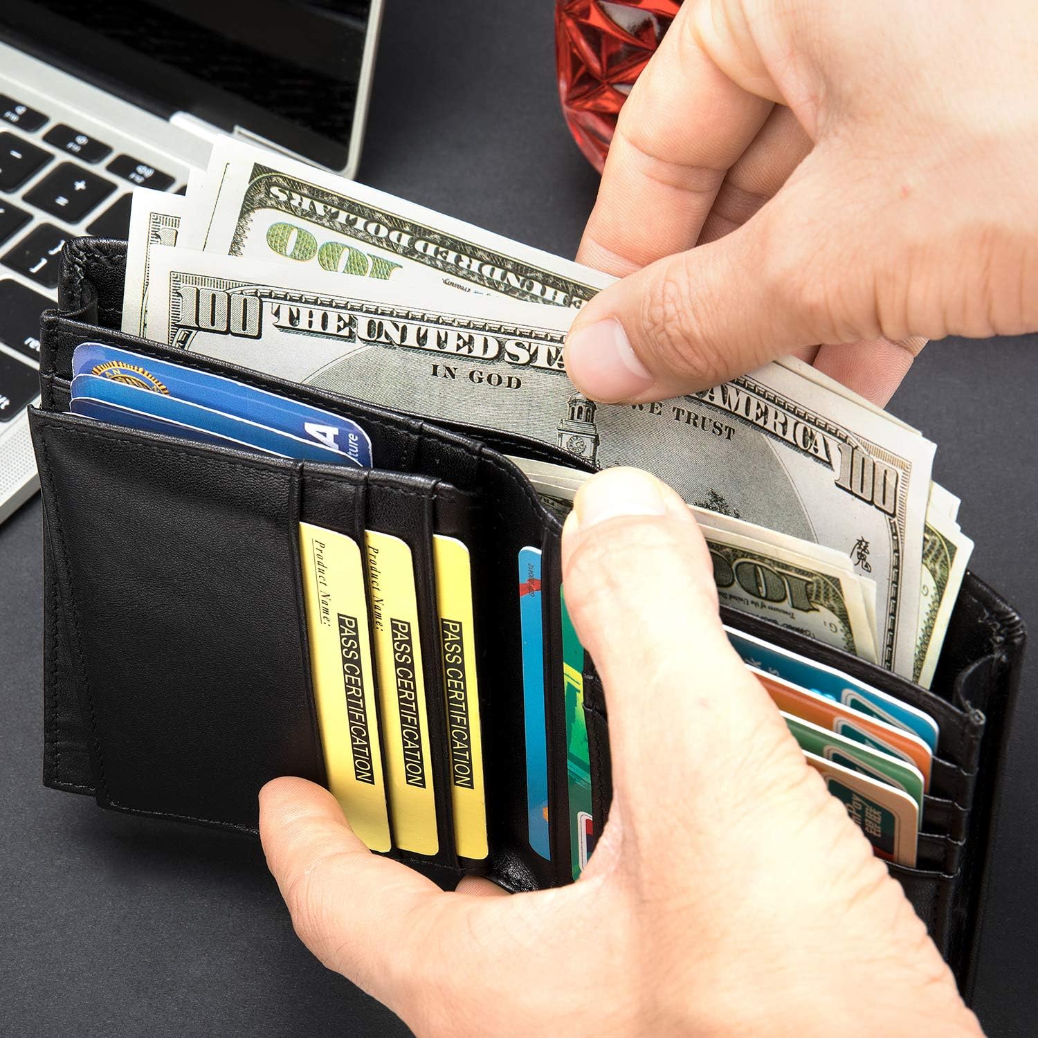 Mens Leather Bifold RFID Vertical Wallet Extra Large Capacity Card Holder with 16 Slots and ID Window - Image 8