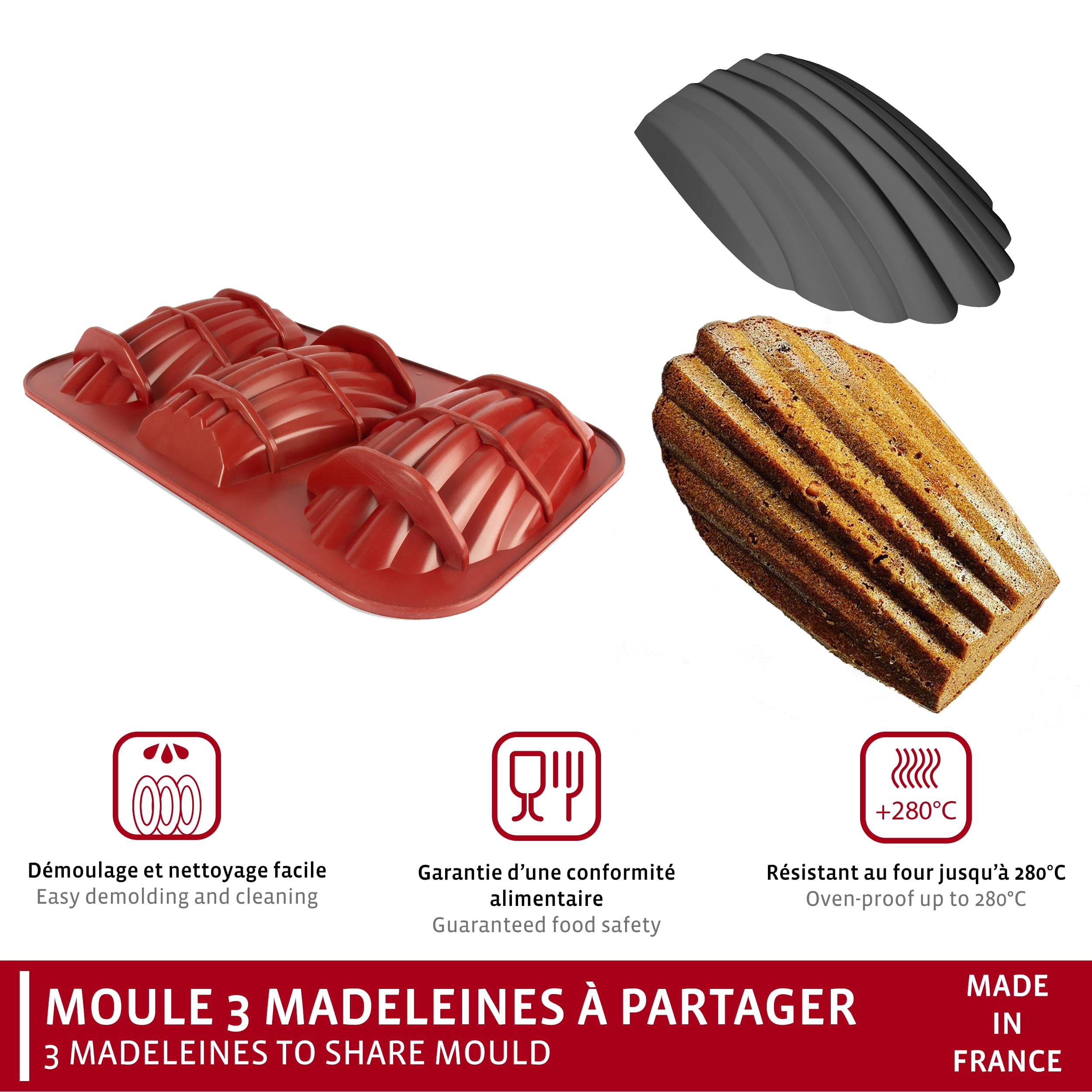 Maé - Moule Madeleine Géante 3 Alvéoles - Silicone Alimentaire Premium Anti-Adhérent - Souple, Démoulage Facile et Net - Résistant T° -45°C / +280°C - 430 ml