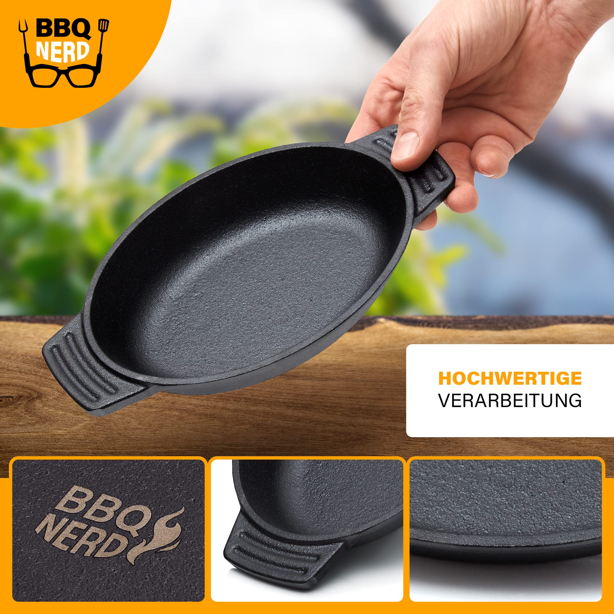 BBQ-Nerd Servierpfännchen aus Gusseisen im 6er Set - Grillpfännchen - oval 22,5x13 cm - zum Braten Überbacken Grillen Anrichten Servieren - Gusspfännchen für einzelne Portionen