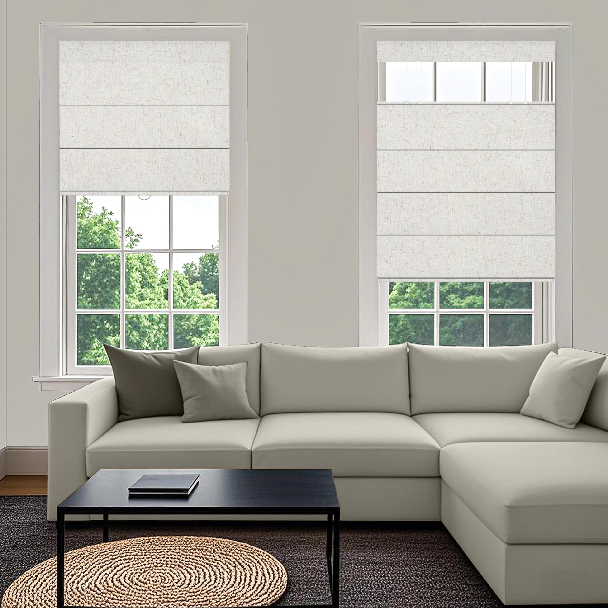 MoDanCeQ Cordless Top Down Bottom Up Roman Shades for Windows, No Fray Blackout Roman Blinds for Living Room,Bathroom, ?v Protection, Privacy, Thermal Insulation,Linen Beige White,Custom Size