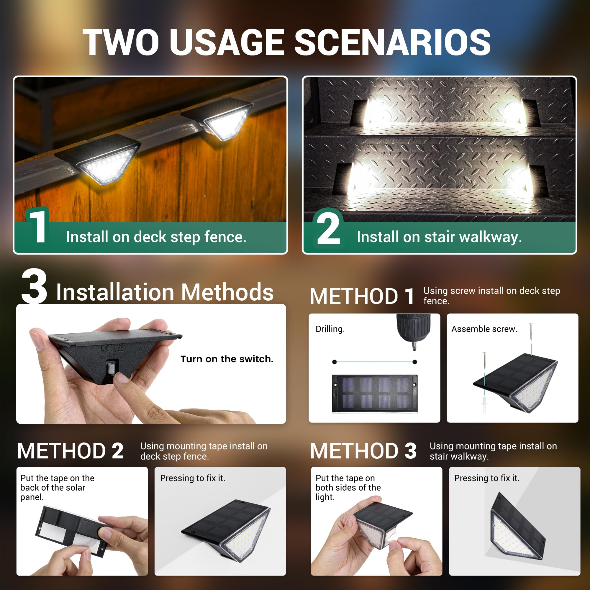 Solar Step Lights 6-Pack – 24 LEDs, IP65 Waterproof, Warm White, Auto On/Off, Ultra-Thin Panel, For Outside Deck Patio Stairs Porch Front Door