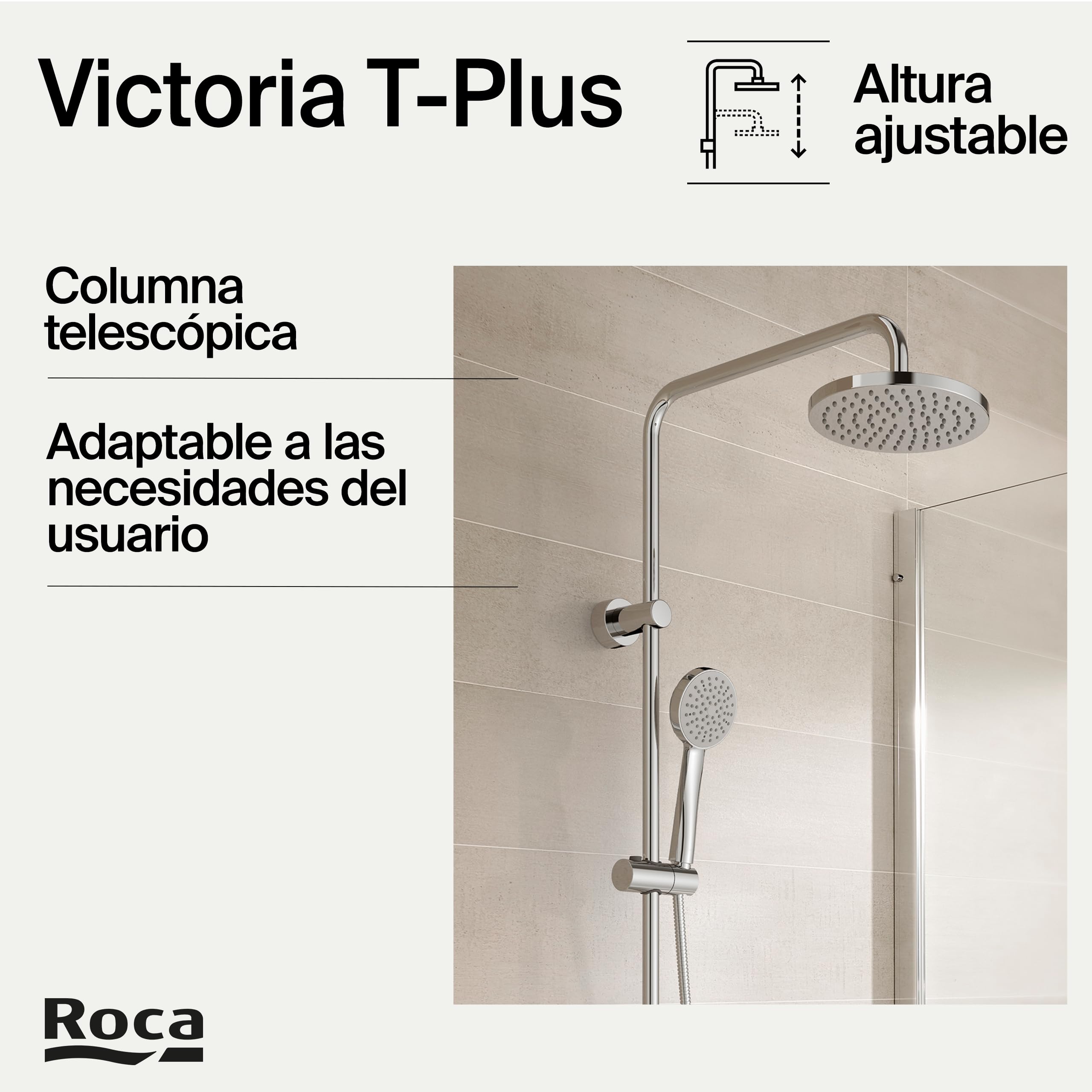 Roca,Victoria (col),PLUS - Columna de ducha termostática con altura regulable,,385mm x 73mm x 835mm,A5A2F18C00