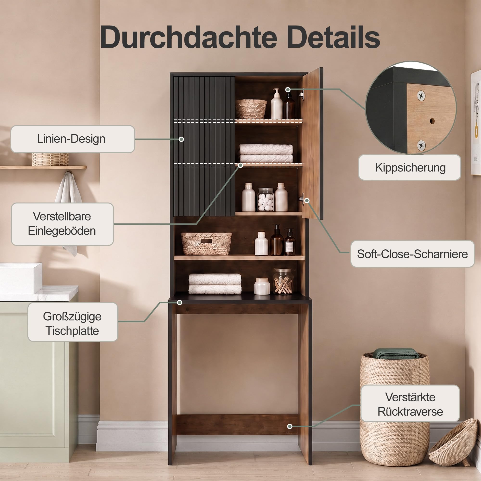 UEV Waschmaschinenschrank mit offen Ablagen & Verstellbare Ablagen Schwarz