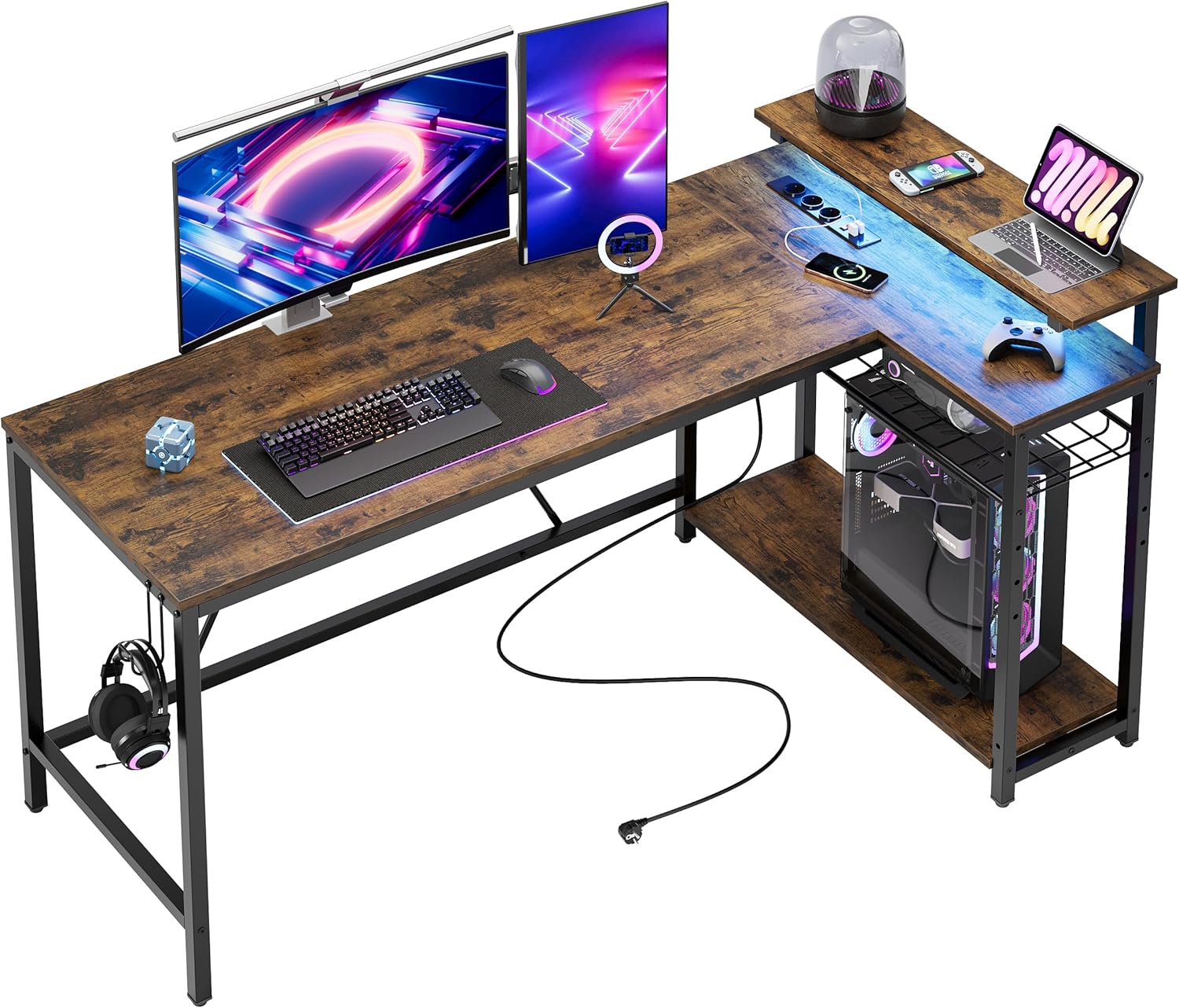 Gaming Höhenverstellbarer Schreibtisch Höhenverstellbarer Gaming Schreibtisch 140cm Mit RGB LED & Steckdosen Elektrischer Tisch Carbonfaser Oberfläche