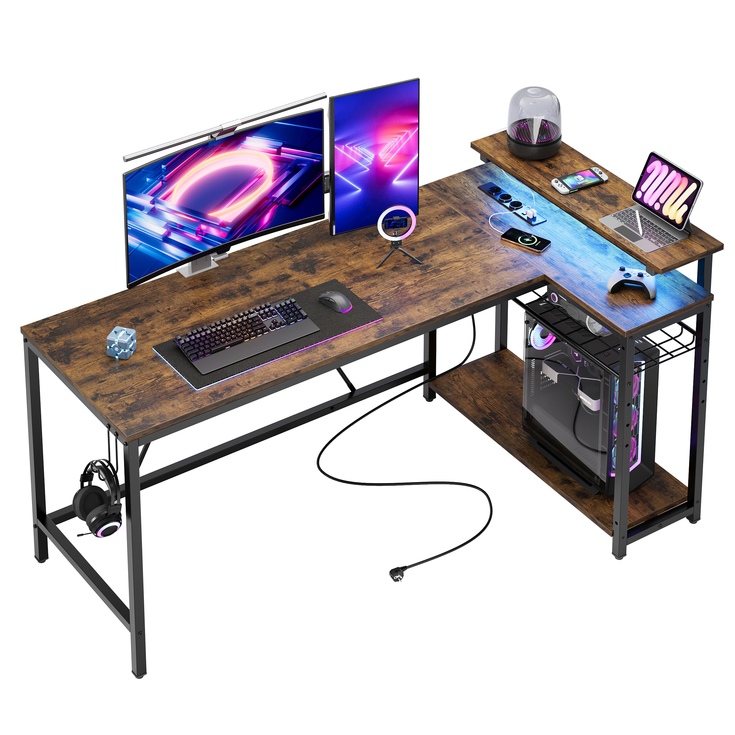 Bestier 147cm Scrivania a forma di L con prese di corrente, scrivania ad angolo per l'ufficio con ripiani reversibili e luci LED - Scrivania da studio moderna e semplice per piccoli spazi, marrone