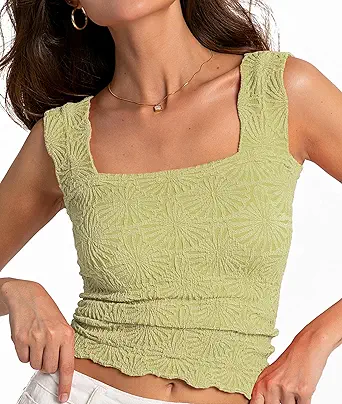 Women's Square Neck Wide Strap Crop Tank Tops Flower Going Out Tops Slim Fit Lettuce Trim Crop Cami Tops