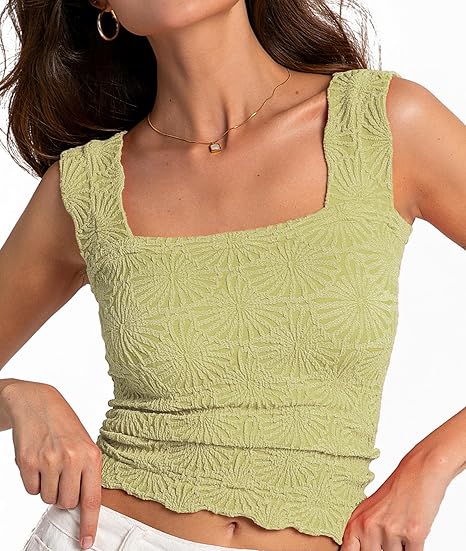 Women's Square Neck Wide Strap Crop Tank Tops Flower Going Out Tops Slim Fit Lettuce Trim Crop Cami Tops