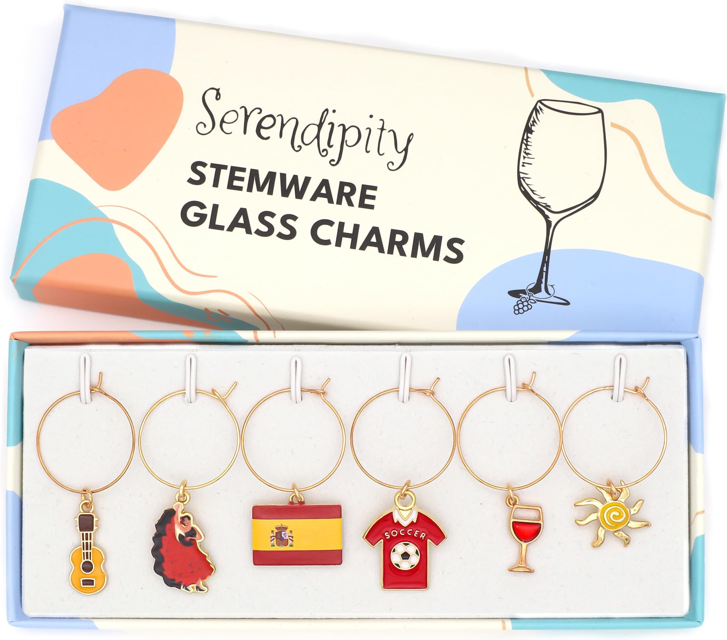 Serendipity Spain Wine Charms, Spanish Gift, Spain Table Decor, Set Includes 6 charms: Flamenco Dancer, Soccer, Spain Flag, Wine Glass, Sun and Guitar, Spain Themed Party Decoration