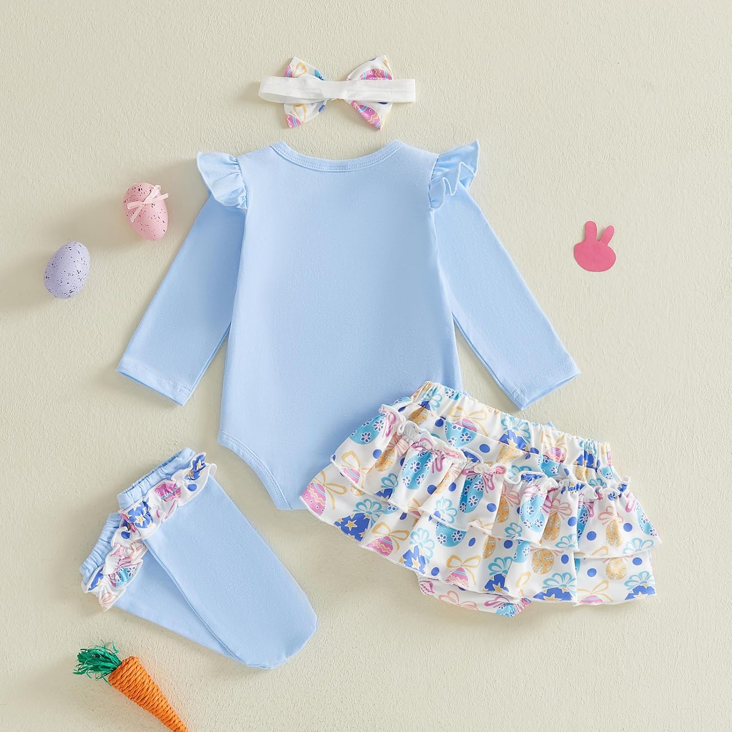 My First Easter Baby Girl Outfit Easter Letter Print Romper + Plaid Skirts+Leg Warmers+Headband 4Pcs Summer Clothes - Image 7