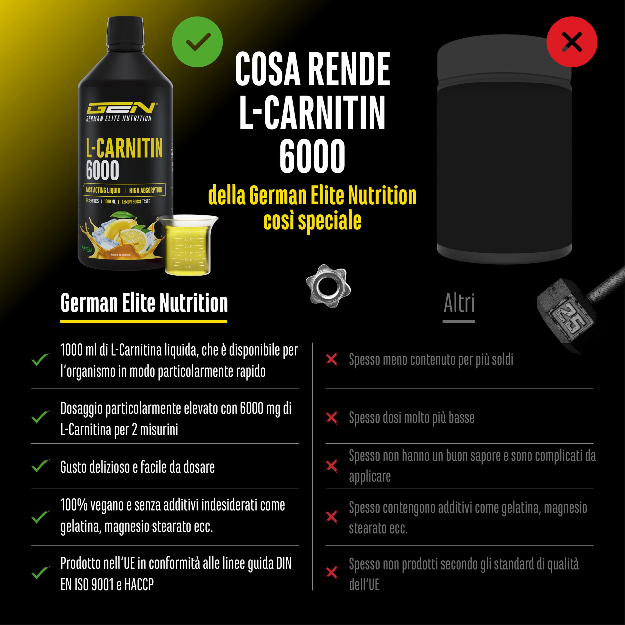 L-Carnitina 6000 Liquido - 1000 ml - Dosaggio extra elevato con 6000 mg di L-carnitina pura per dose giornaliera - Bevanda aminoacida per l'allenamento - Gusto delizioso (Lemon Boost) - Vegano