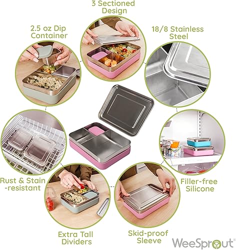 Vista 2 de WeeSprout Caja Bento de acero inoxidable 18/8 (grande) – Lonchera metálica de 3 compartimentos, silicona antideslizante, para niños y adultos