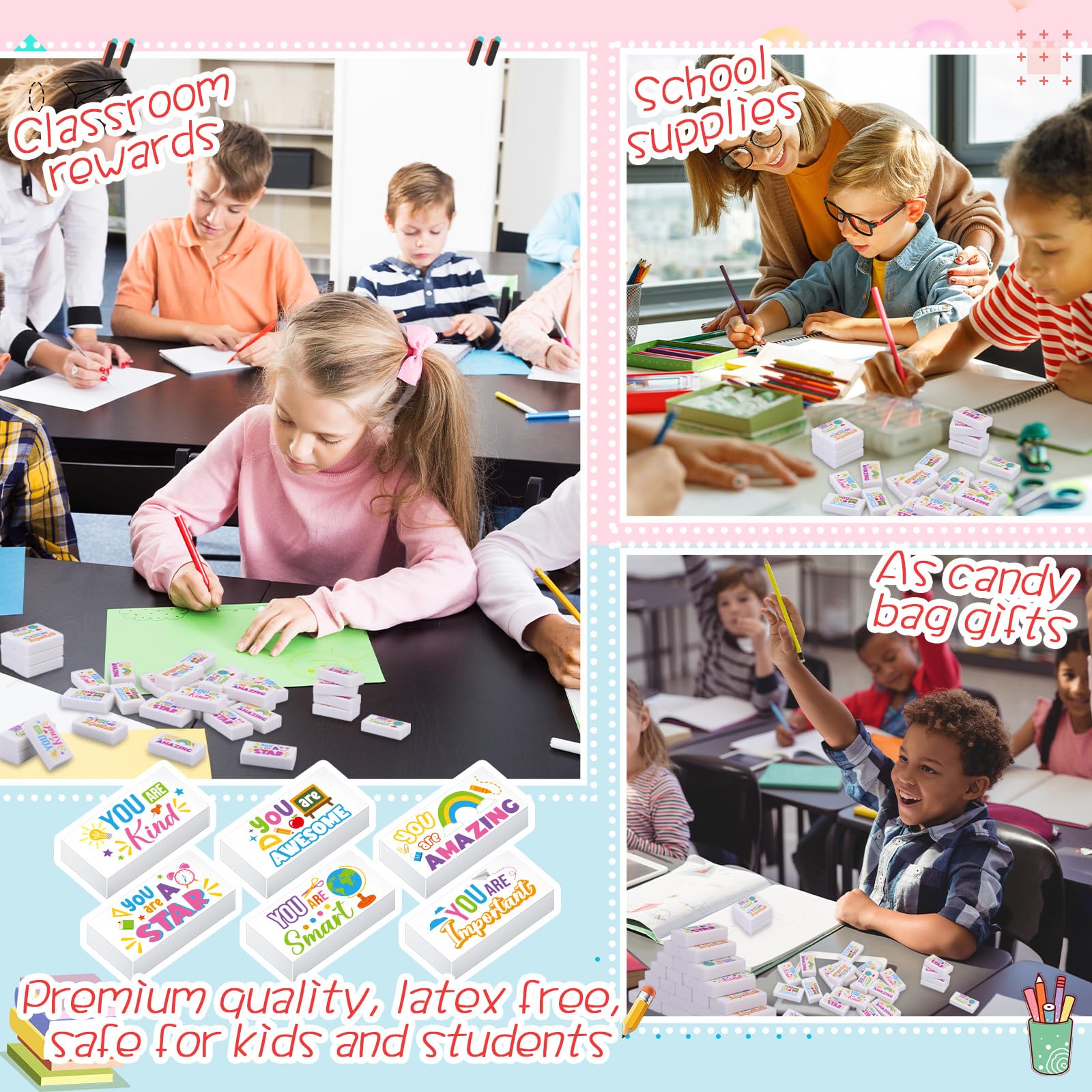 Resurhang 180 Stück Radiergummis für Kinder, inspirierende Bleistift-Radiergummis, Großpackung zum Zeichnen, motivierend, großer Radiergummi, Schulbedarf für Klassenzimmer, Schulanfang, Büro