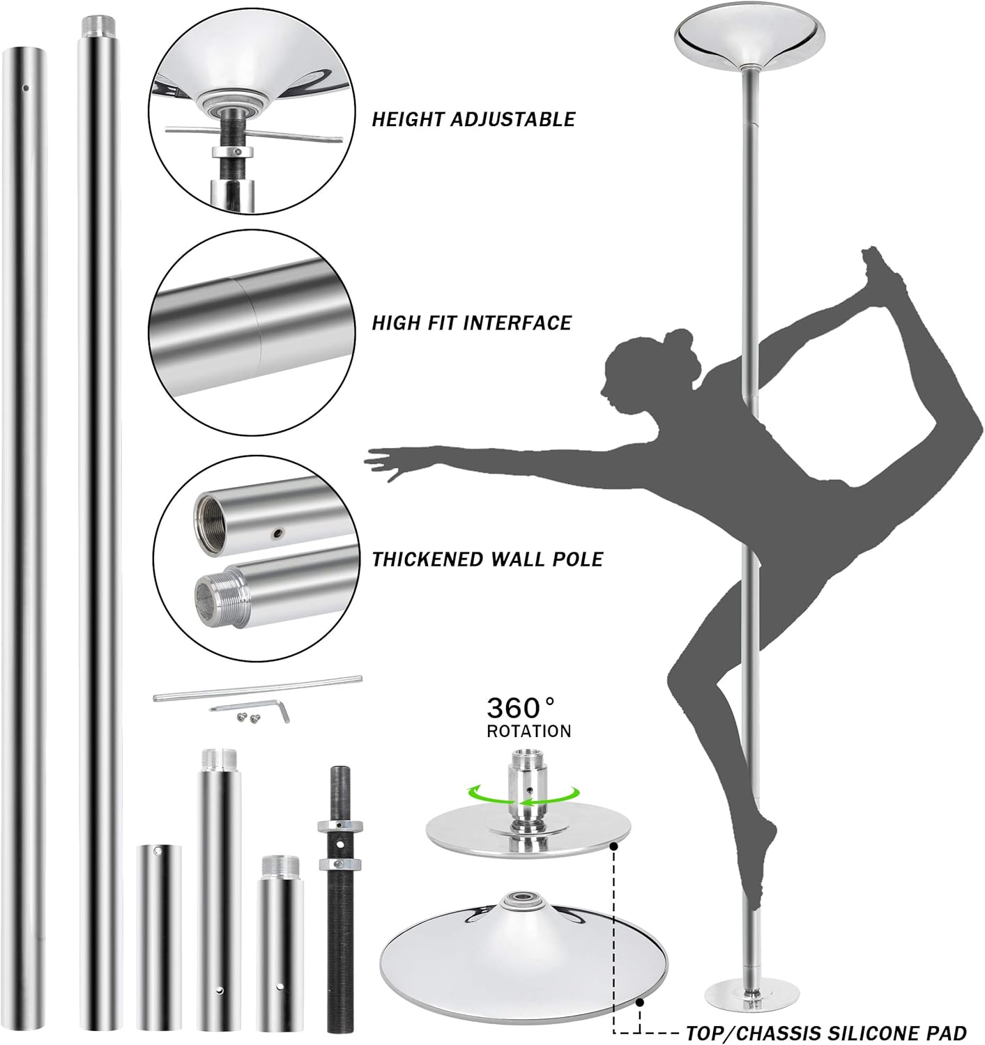 Professional Portable Dancing Pole Spinning Static Dance Pole Removable 45mm Dance Pole Kit for Home Exercise Gym Club Party Bar