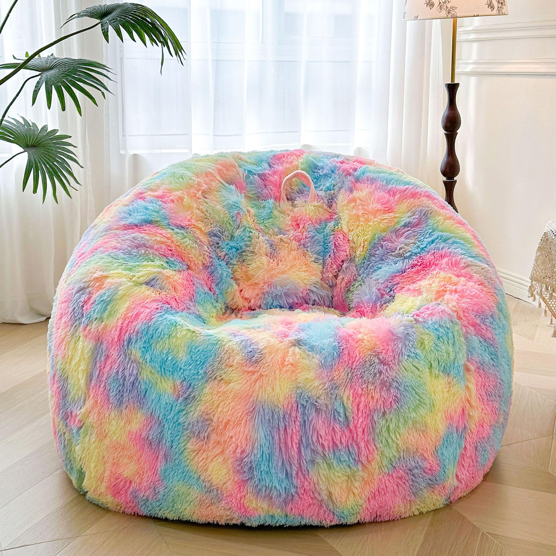 XeGe 5FT Riesenflauschige Sitzsackhülle (ohne Füllung), Ultrasoft Kunstfell Sitzsack zur Plüschtieraufbewahrung, XL Flauschiger Sitzsack für Erwachsene Kinder Teens Mädchen, rutschfest, Regenbogen
