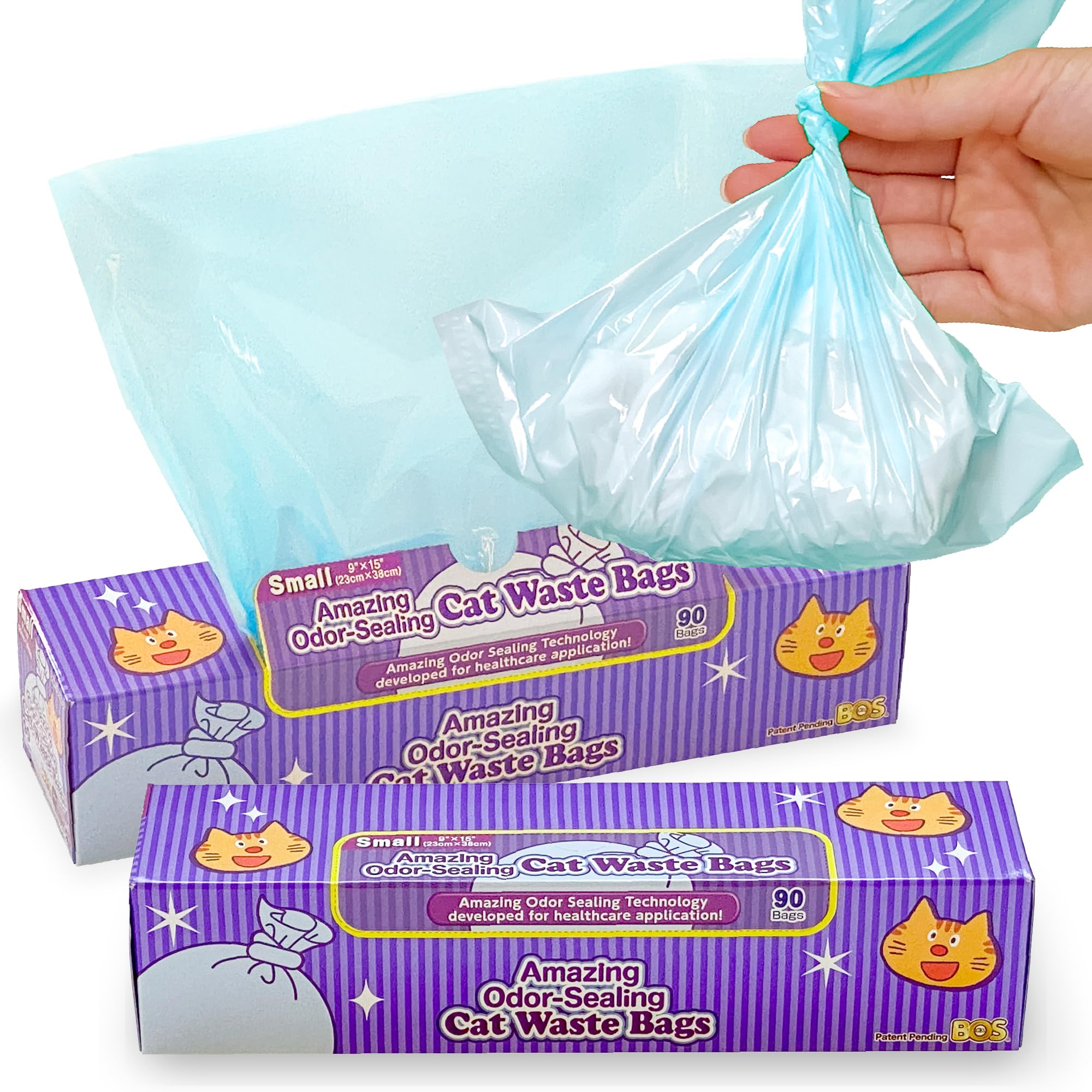 BOS Amazing Odor Sealing Cat Waste Bags - Durable and Unscented [Size: S, Color: light blue] (90 count, Pack of 2) (180 Bags)★May be too small to get a litter scoop inside!