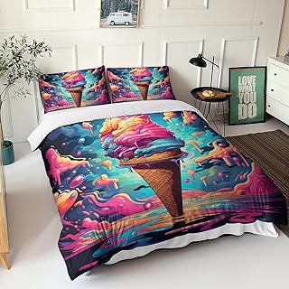 Ice Cream Helado Edredón Funda Nórdica 3 Piezas Colorido Cartoon Juego De Cama De Impreso En 3D Fundas De Almohada Cremallera Oculta Microfibra Niños Niñas Chico Adolescente Adultos King（220x240cm）