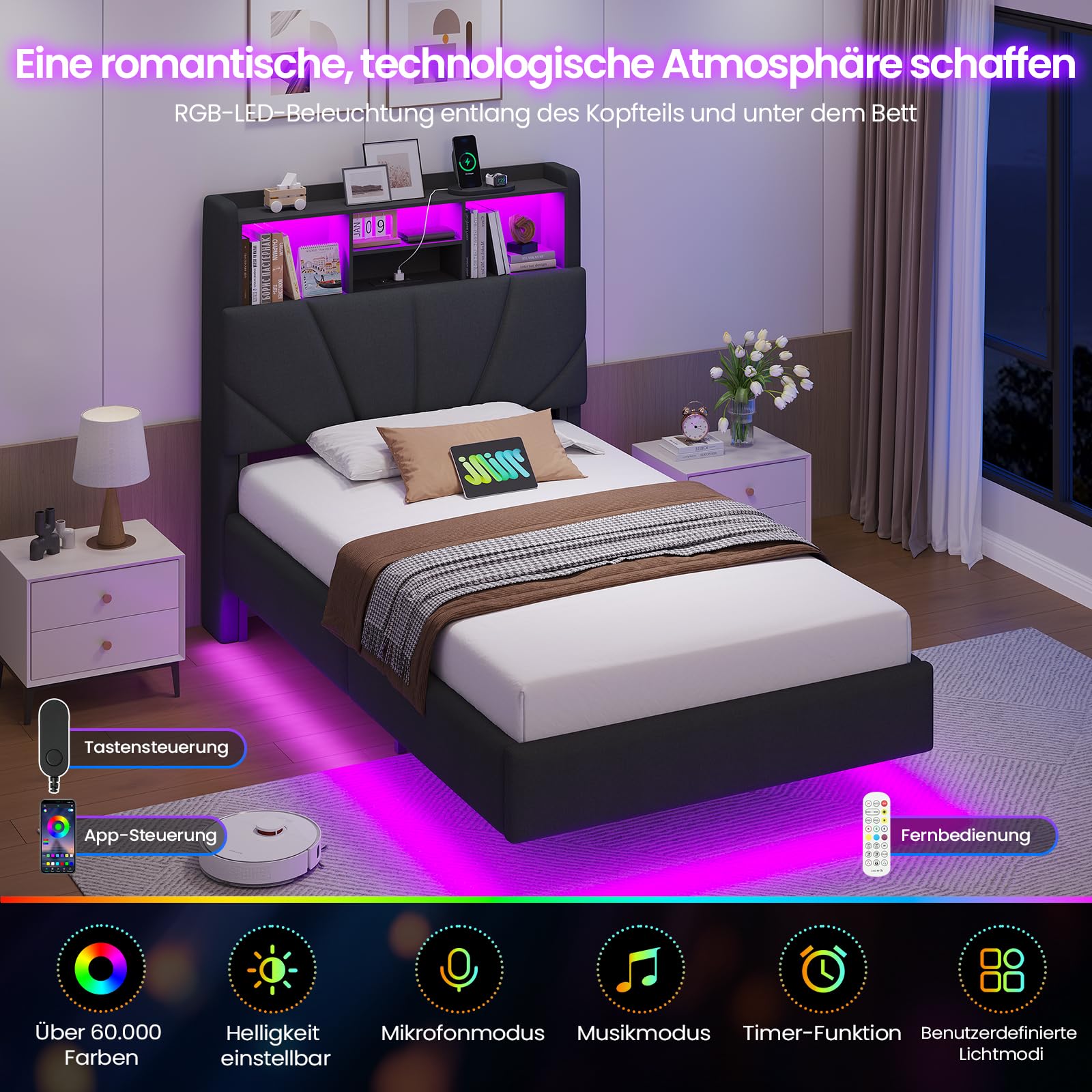 Brinlawb Schwebebett Polsterbett 90x200 cm mit LED-Beleuchtung und Ladestation (2 Steckdosen, 1 USB-A, 1 USB-C) Polsterkopfteil mit offenem Regal und verstecktem Stauraum, Jugendbett 90x200 cm Grau
