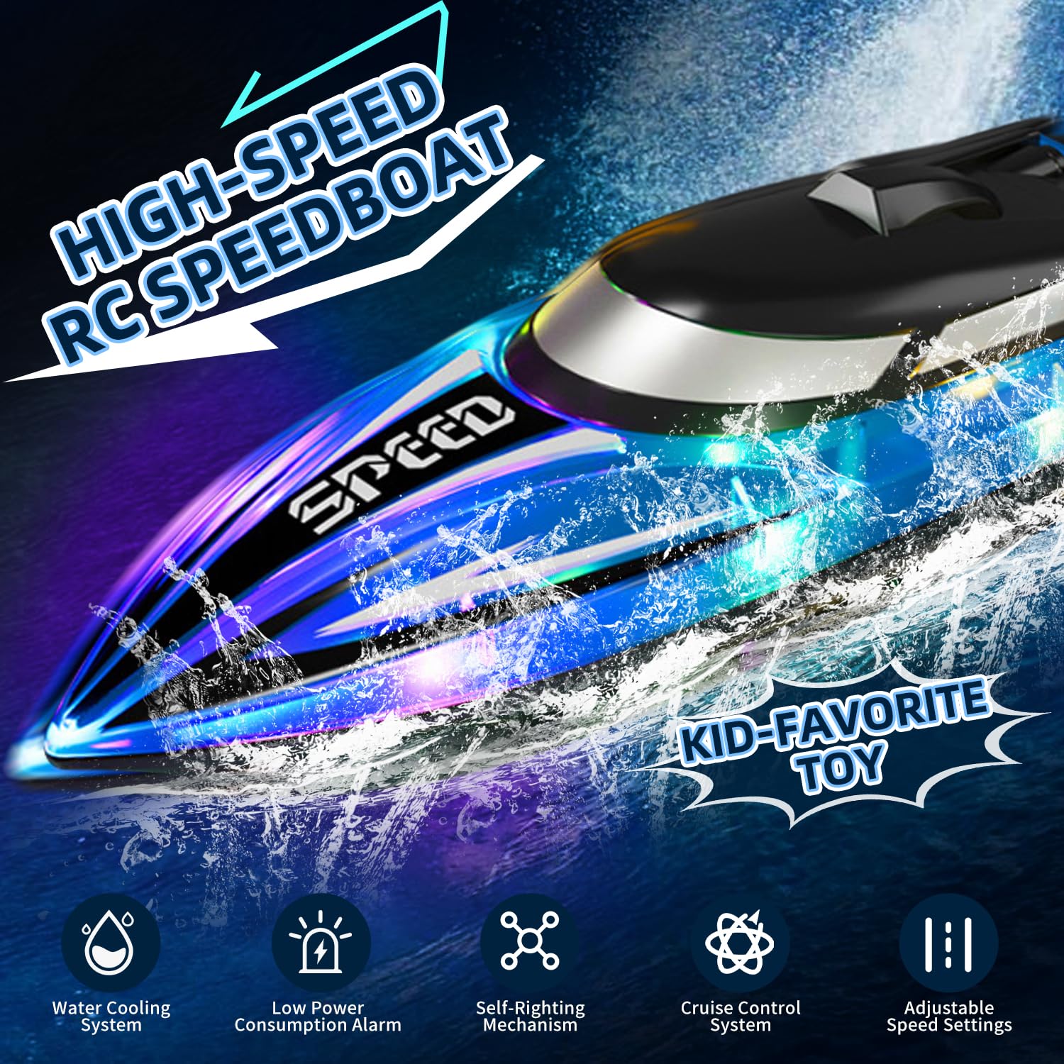 Barco teledirigido Rose con iluminación LED – Control 2,4G motorizado, impermeable y antivuelco – Lancha para niños, incluye 2 baterías