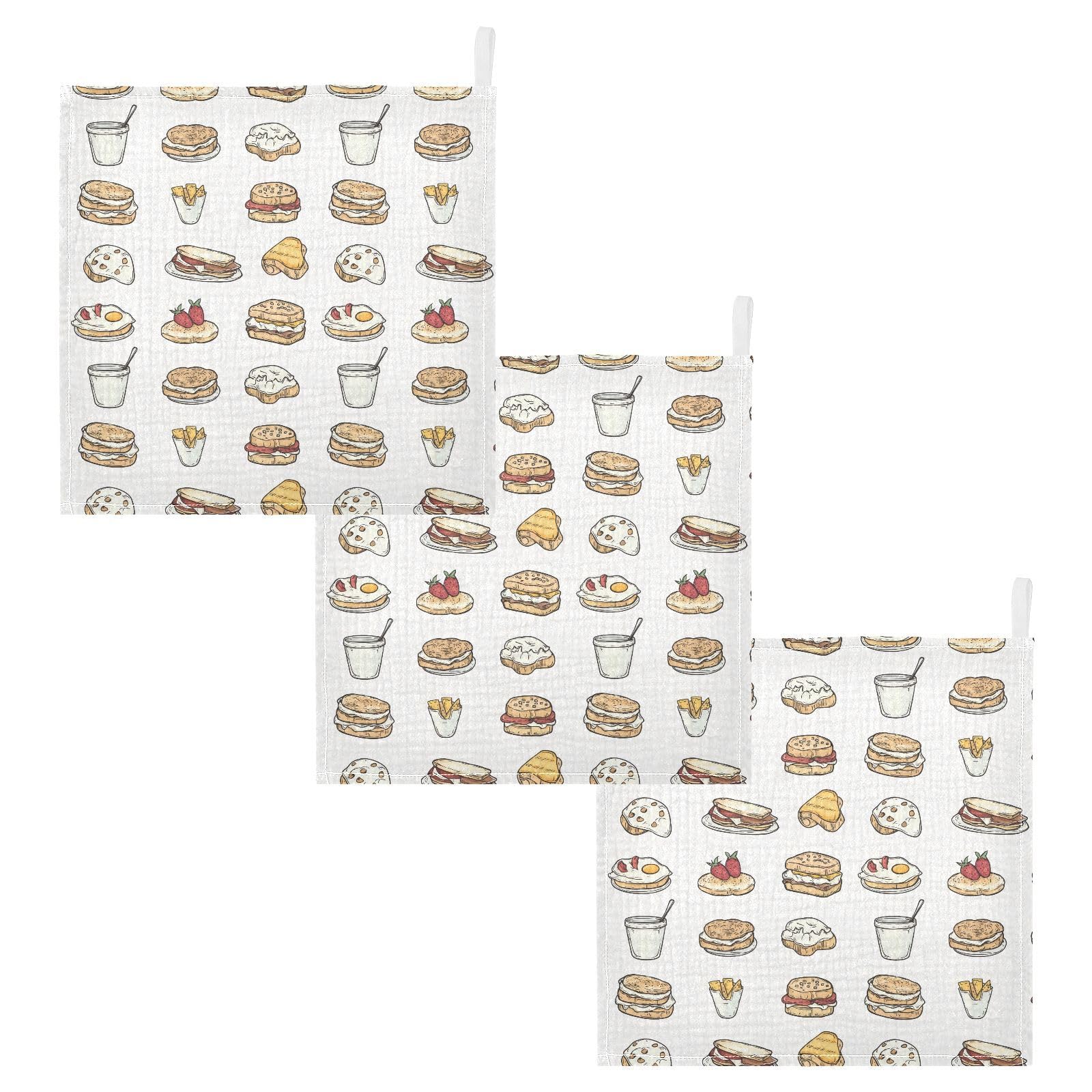 vvfelixl Baby Muslin Washcloths Sketchy Breakfast Baby Burp Cloths Cotton Babys Face Towel for Newborn Infants Boys Girls Soft and Absorbent 11.8 X 11.8 in, 3 Pack