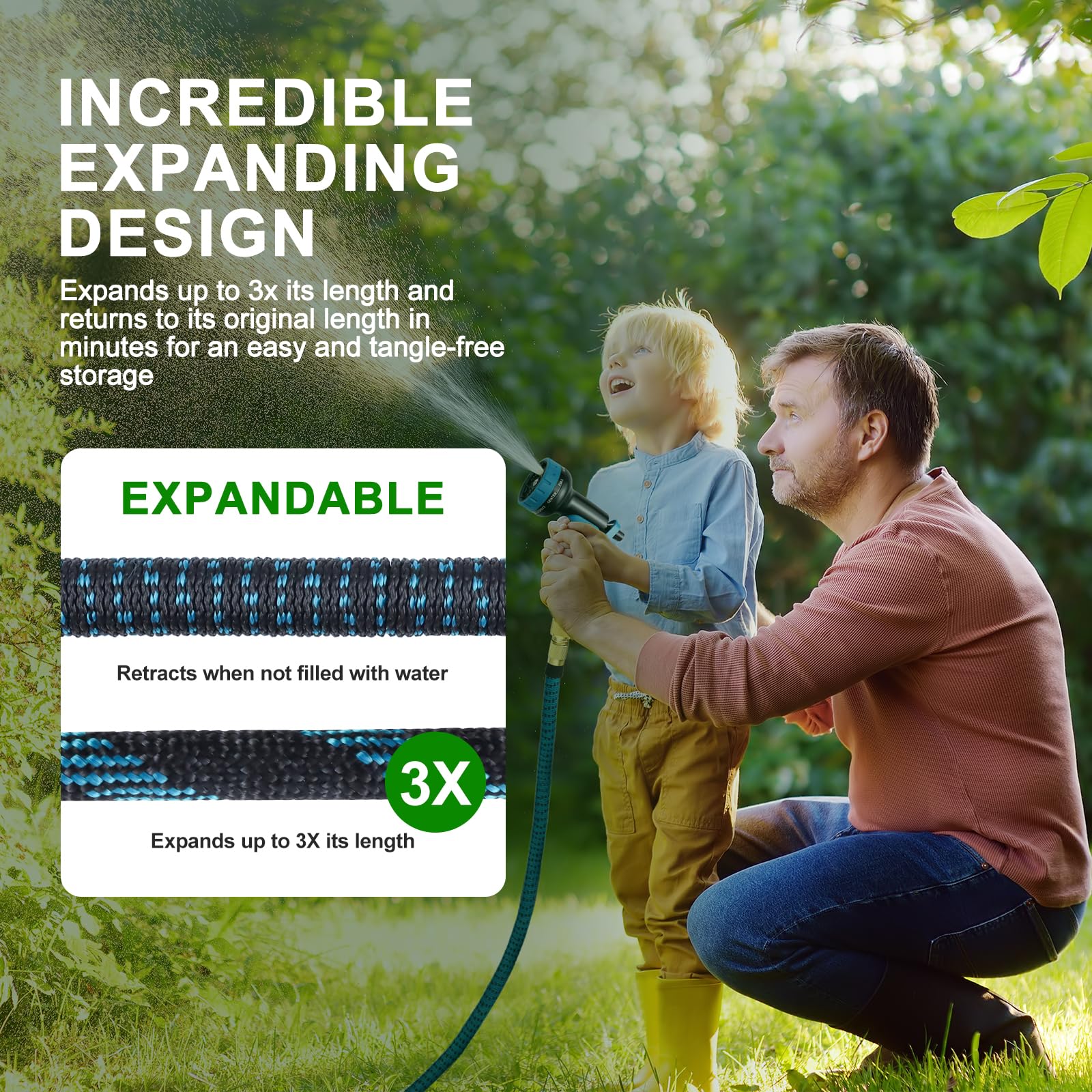 Tuyau d'arrosage extensible Pgtc 30m/100ft, Tuyau d'eau flexible triple couche, Pistolet de pulvérisation à 10 fonctions avec raccords 3/4" et 1/2", Tuyau d'arrosage rétractable extra-long léger pour