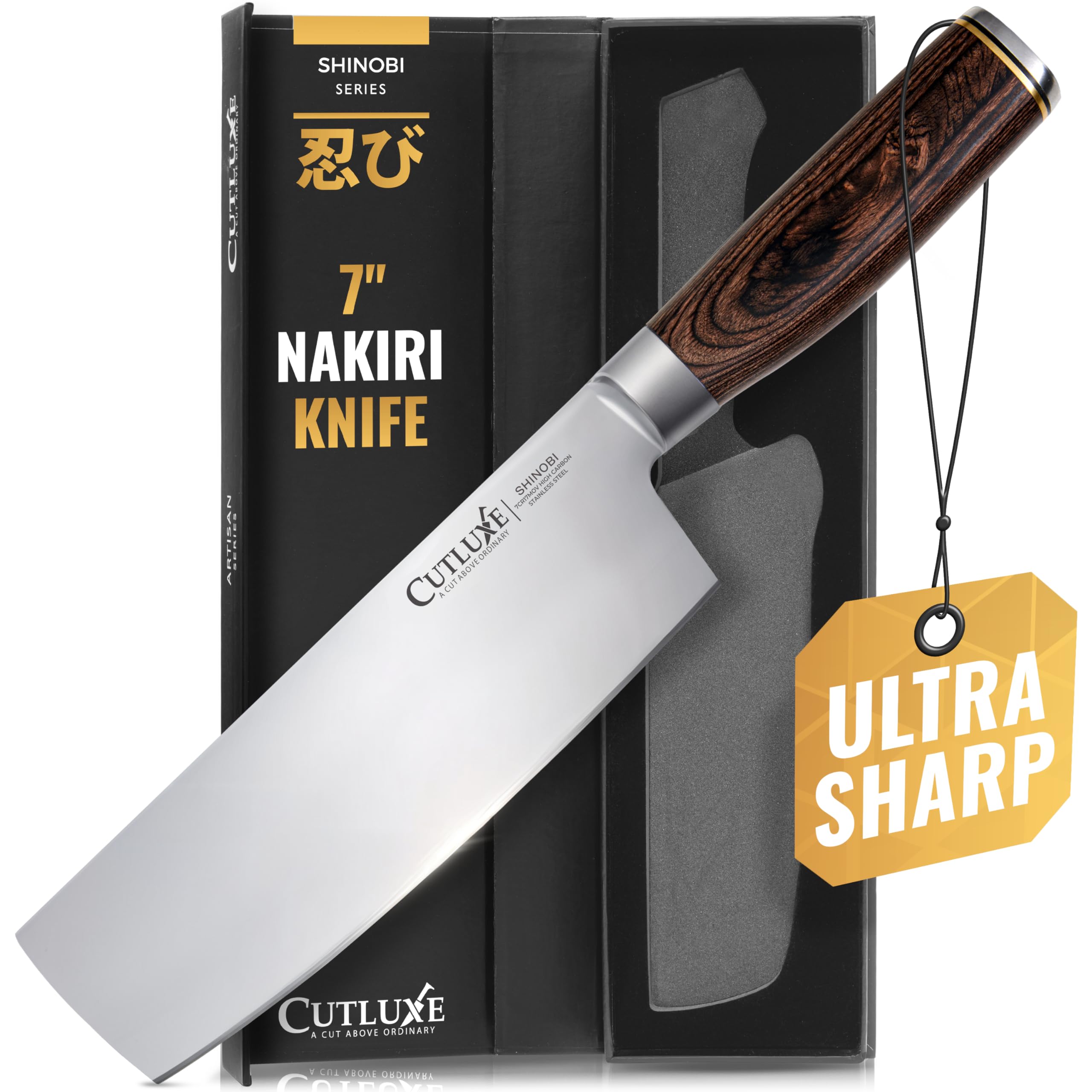 Cutluxe Nakiri Knife, 7" Japanese Meat & Vegetable Knife for Chopping