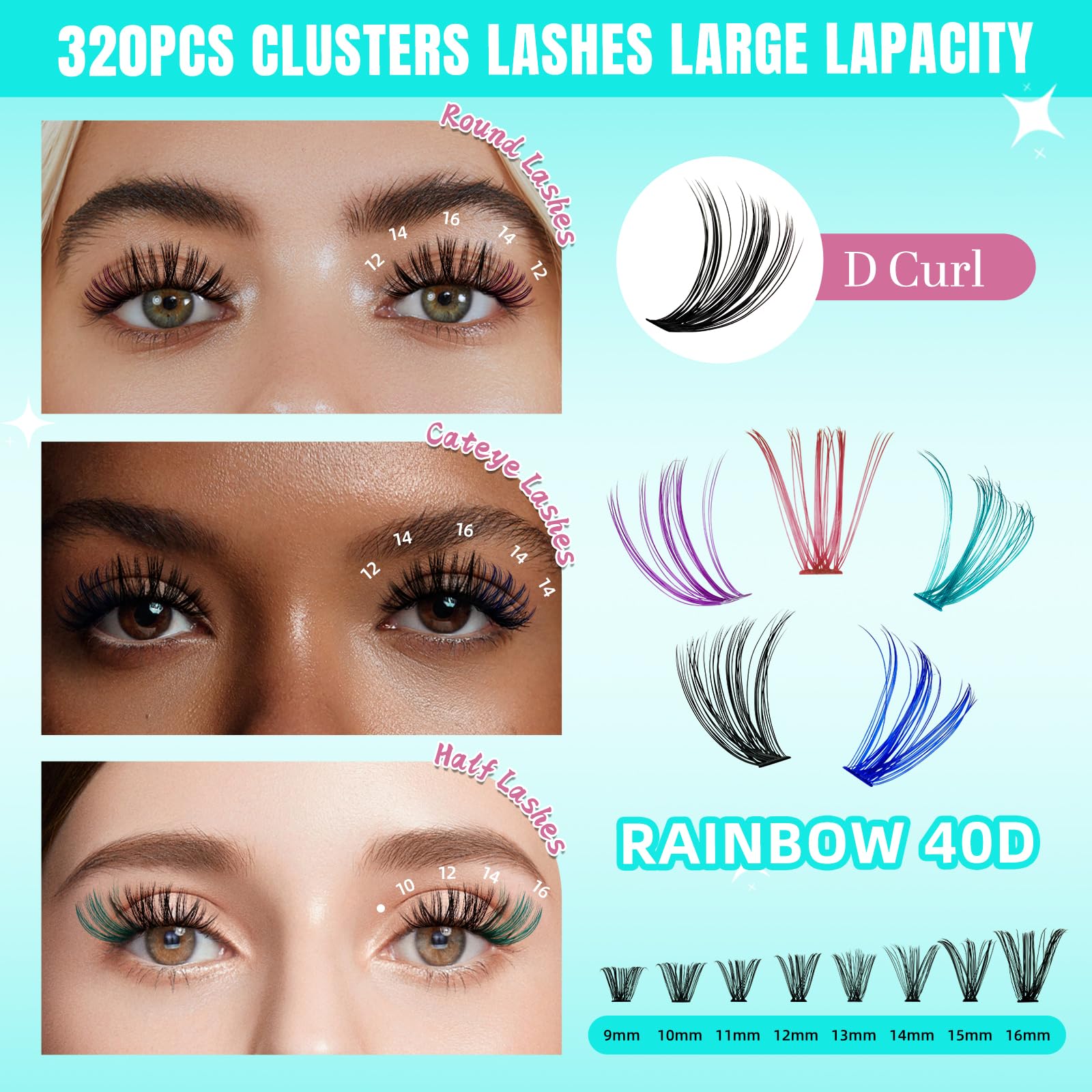 Ciglia individuali, ciglia a grappolo D Ciglia a grappolo individuali 320Pcs Extension ciglia, ciglia morbide, ciglia individuali DIY Eyelash Extension Ciglia a grappolo per l'applicazione a casa.