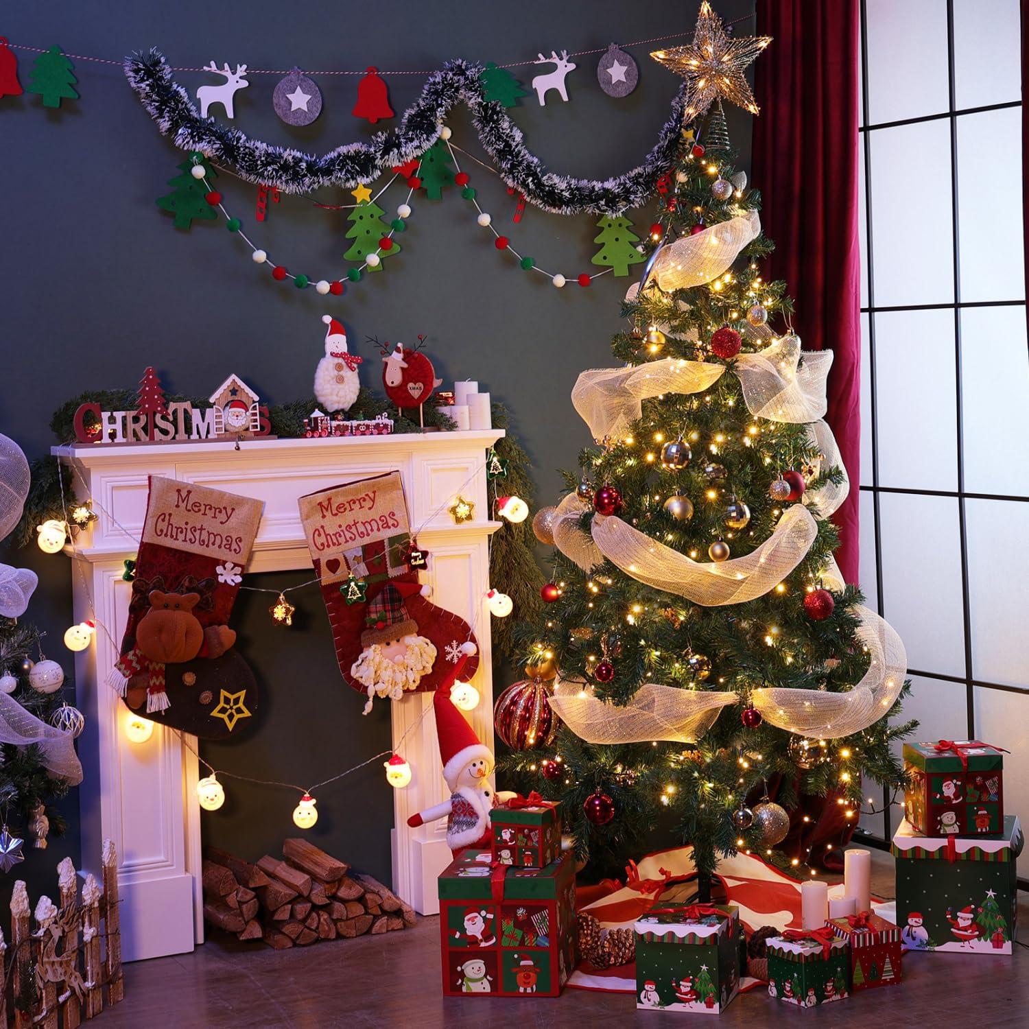 Aigostar Albero di Natale Artificiale da 180 CM,con Catena di Luci LED da 18 M,300 LED Bianco Caldo,8 Modalità di Illuminazione,450 Rami,Colore Verde,Include Supporto in Metallo.