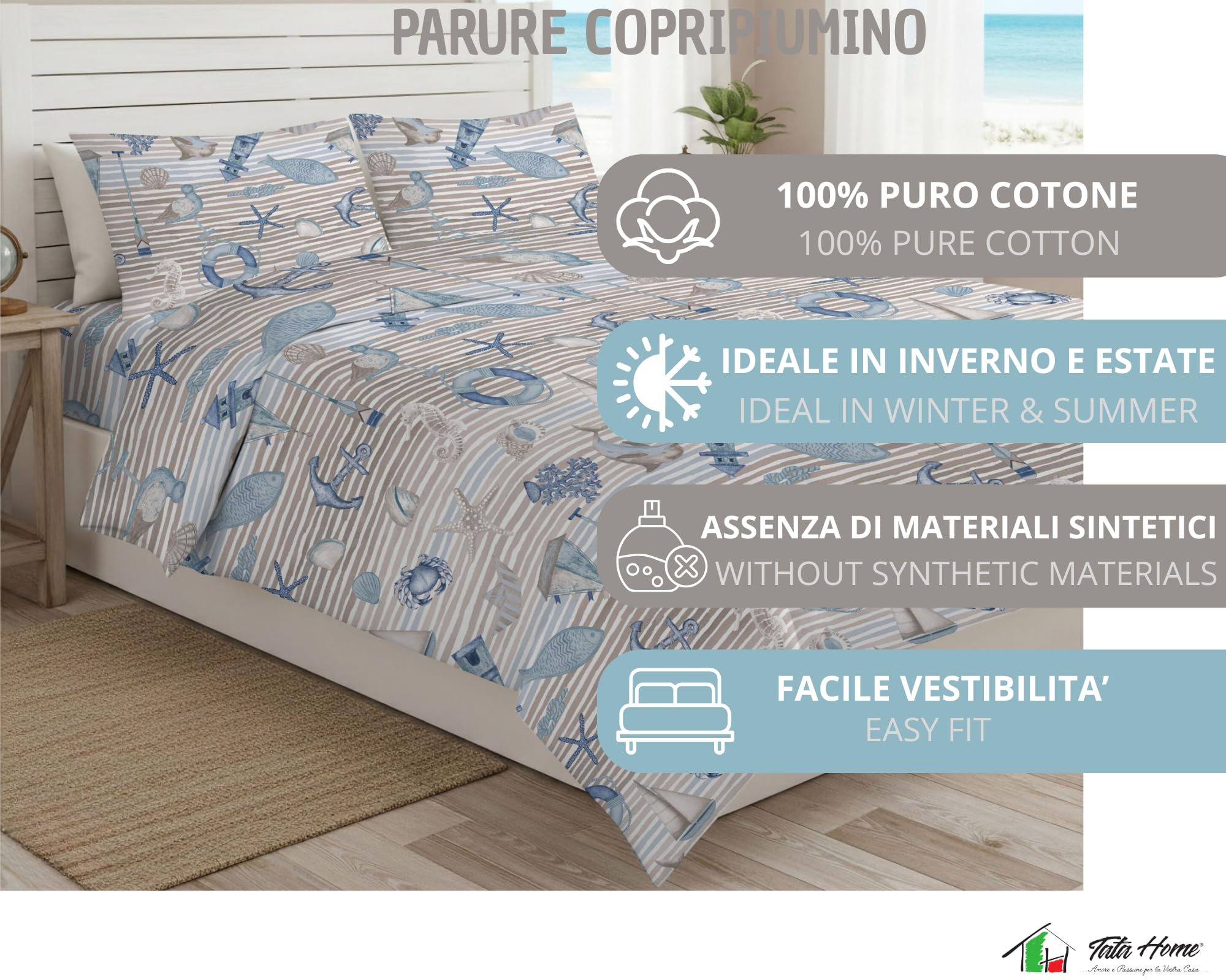 Tata Home Parure Copripiumino Singolo in Cotone con Sacco Piumino e Federa Set Copripiumino Made in Italy Fantasia Marina Mod. Pesci