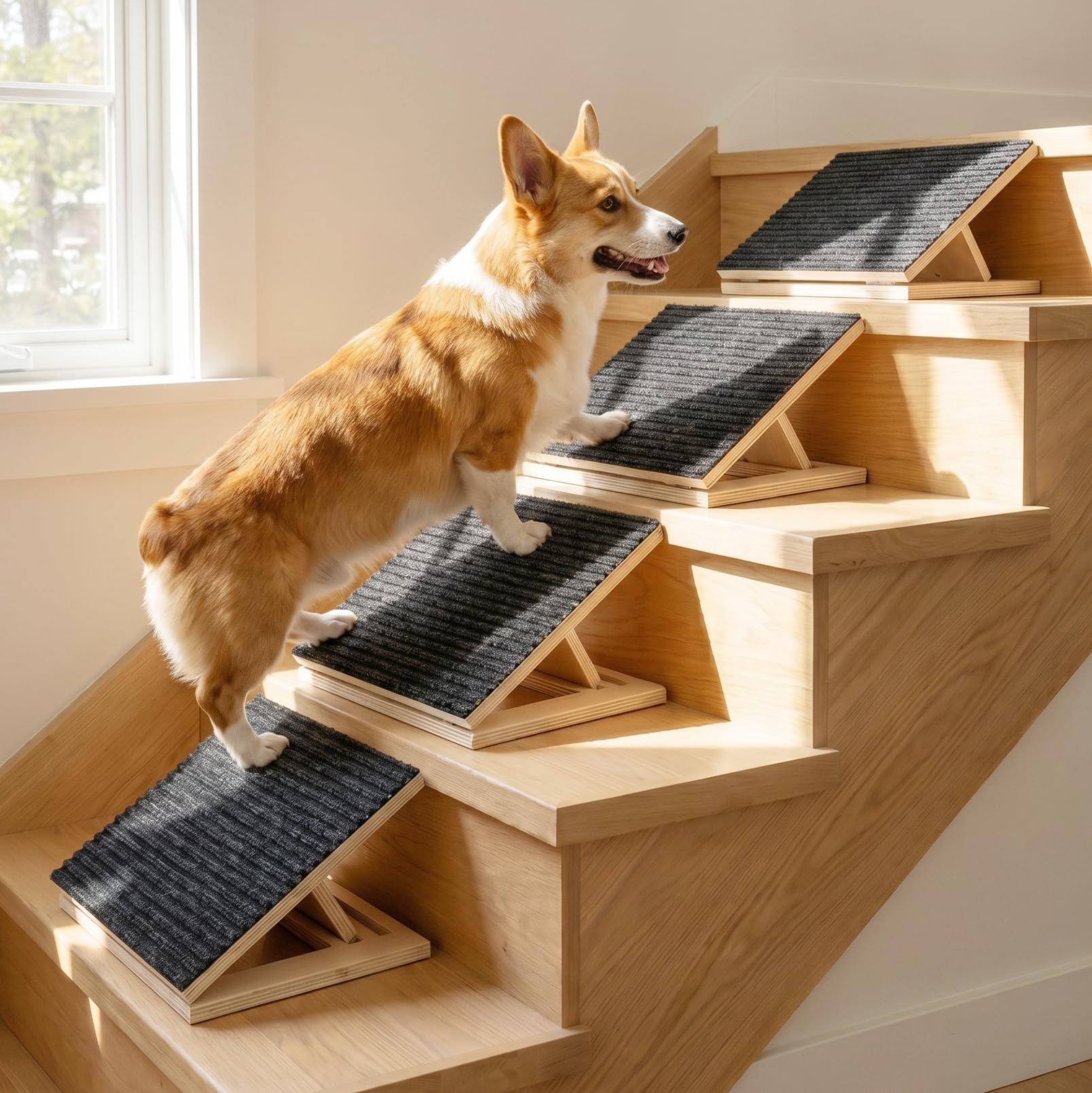 Lot de 4 rampes pour chien, réglables en hauteur, avec surface de tapis antidérapante et rembourrage, en bois, pour petits et grands chiens
