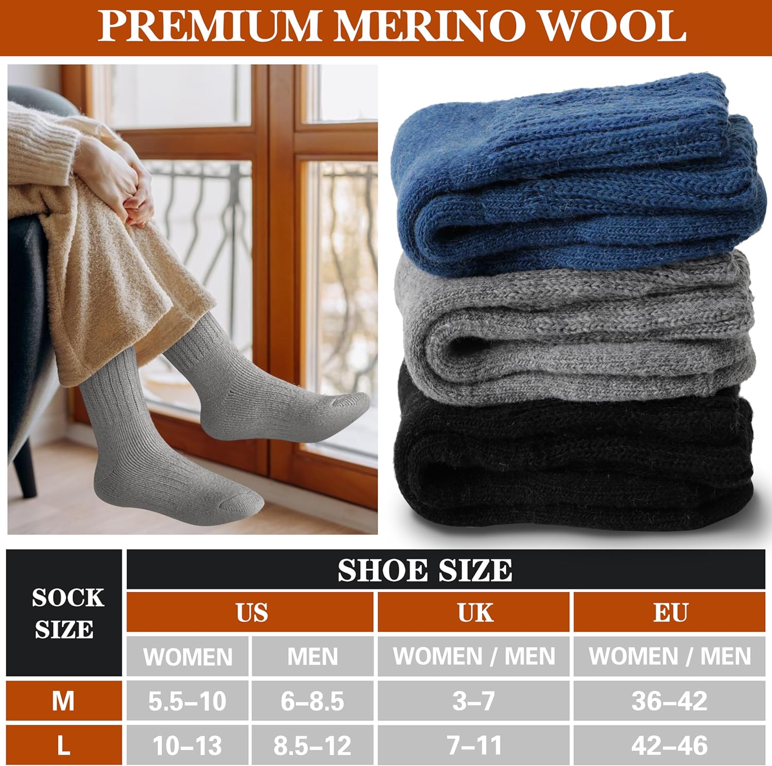 Merino Wool Boot Socks Thermal Winter Warm Thick Cozy Hiking Socks for Men Women 3 Pairs - Image 5