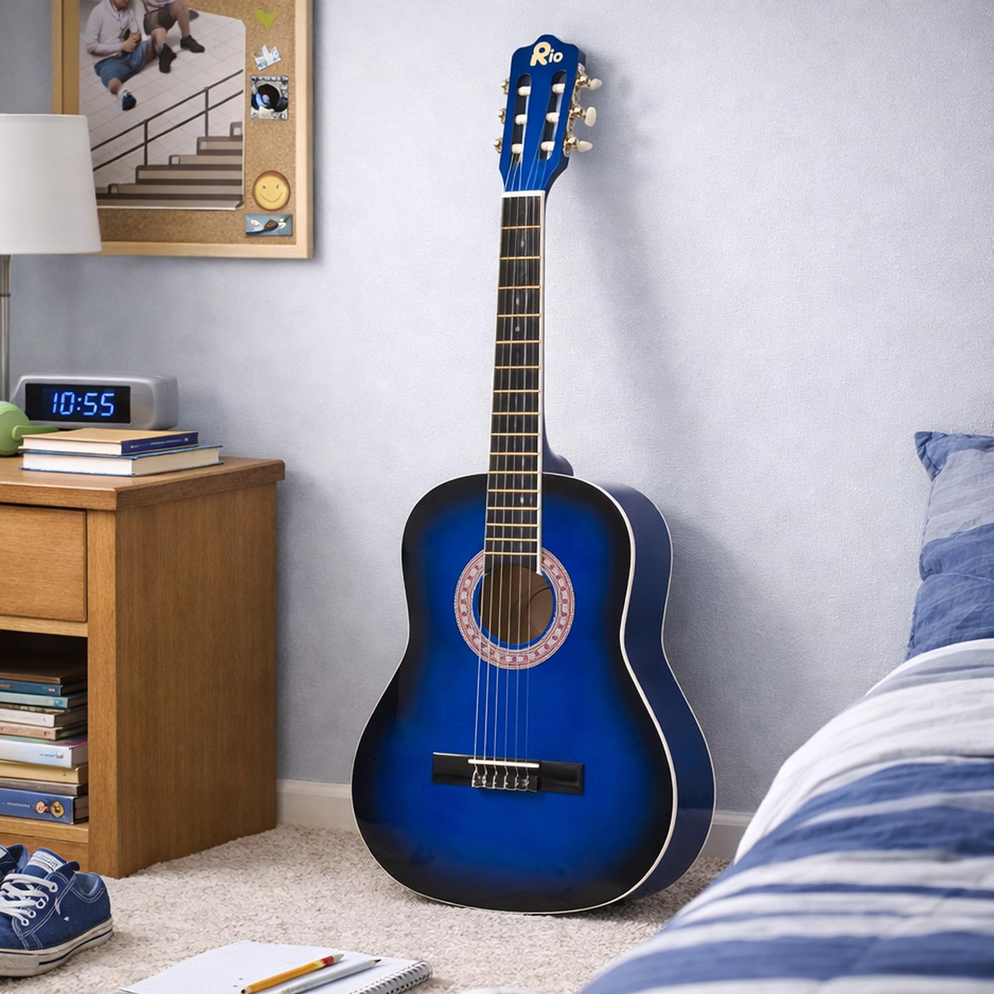 Akustikgitarre Rio Größe 3/4 für Kinder - Passend für 9–12 Jahre, inkl. Tasche, Gurt, Plektren, Stimmpfeifen 36'' blau