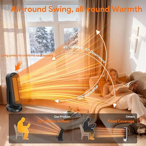 Miniatura 2 de Calentador de espacio, calentador de cerámica PTC portátil de 1500 W con termostato, control remoto, oscilación 3D, bajo ruido, modo ECO,