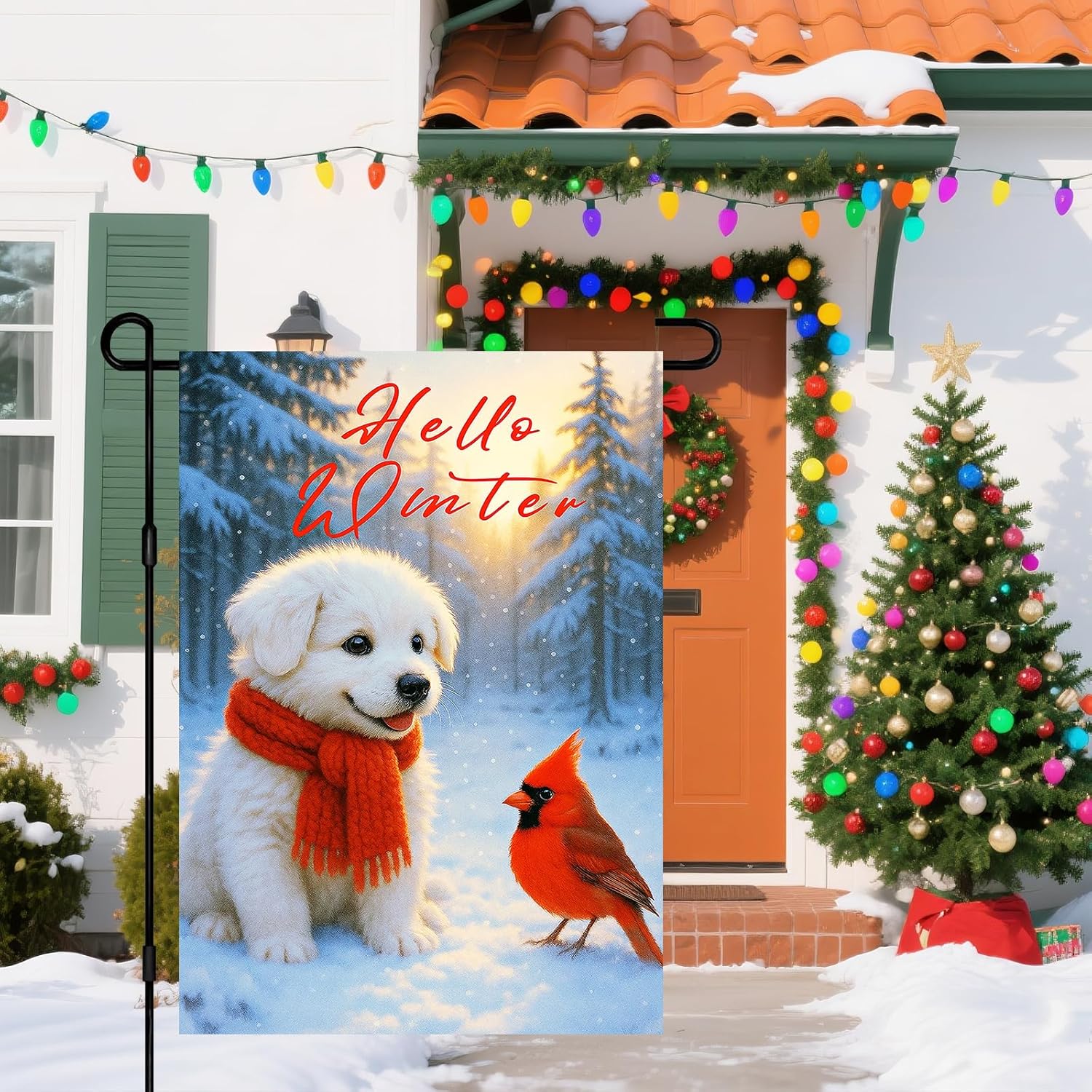 IVN Winter Garden Flag 12x18 Inch Double Sided Bichon Frise Dog in Red Scarf with Red Bird and Hello Winter Text Outdoor Yard Flag for Outside Home Front Door Lawn Porch Patio Welcome Decor - Image 5