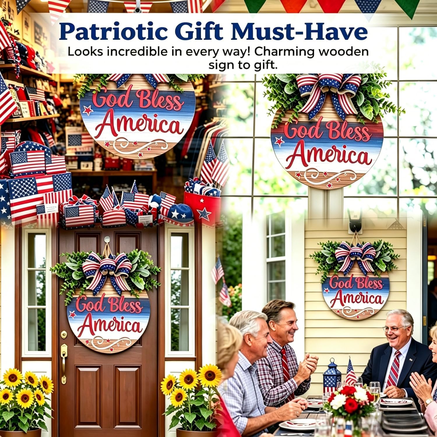 Memorial Day & 4th of July Patriotic Wreath, 12" Wooden Decor with Artificial Flowers, USA 250th Anniversary Sign for Front Door, Garden, Patios, Windows Decor