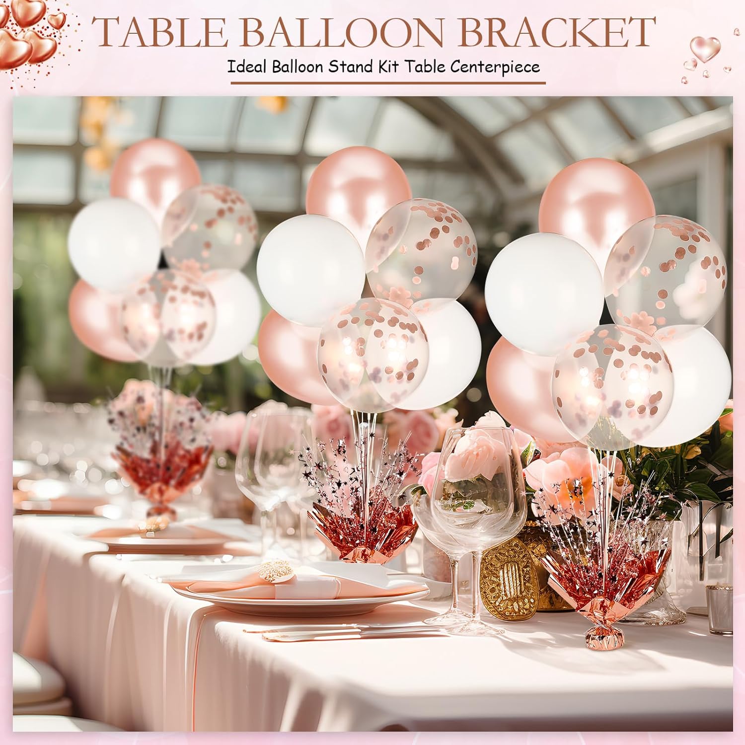 HyDren 4 Set Wedding Balloon Stands Table Centerpiece Decorations Balloons Stand Kit Party Decorations for Birthday Bridal Baby Shower Retirement Anniversary Family Reunion(Rose Gold, White, Confetti)