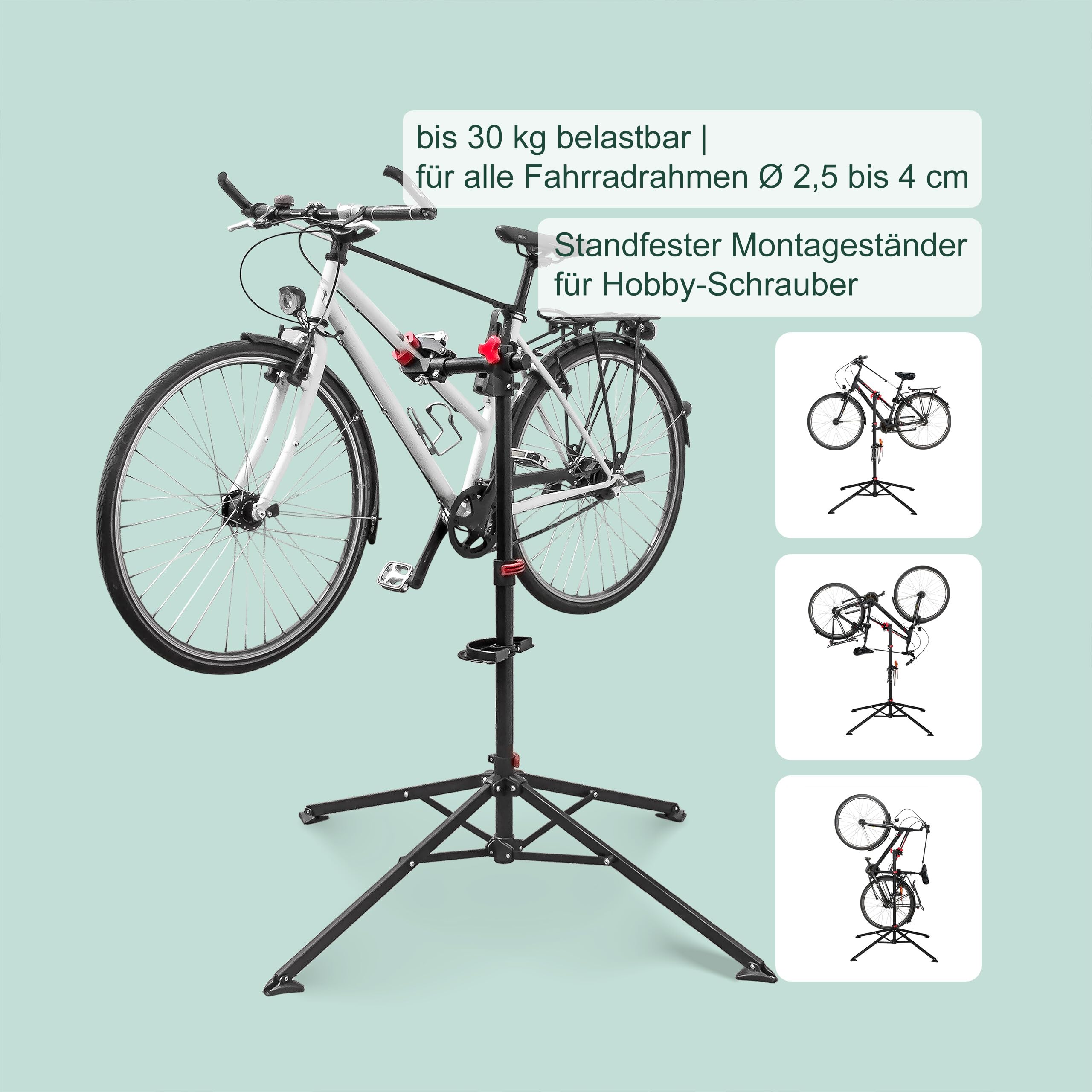 Relaxdays Fahrradmontageständer Reparaturständer mit Werkzeugablage – klappbar & höhenverstellbar – schwarzer Montageständer vierbeinig stabil mit festem Stand – Stahl pulverbeschichtet, 10017183, STANDARD