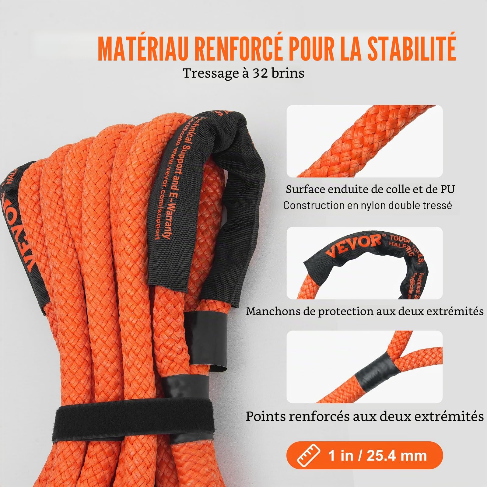VEVOR Corde de remorquage de récupération cinétique, 25,4 mm x 9,1 m, Sangle d'arrachage Robuste Tout-Terrain, 17237 kg, énergie résistante à 30% d'élasticité pour Jeep Voiture Camion ATV UTV SUV