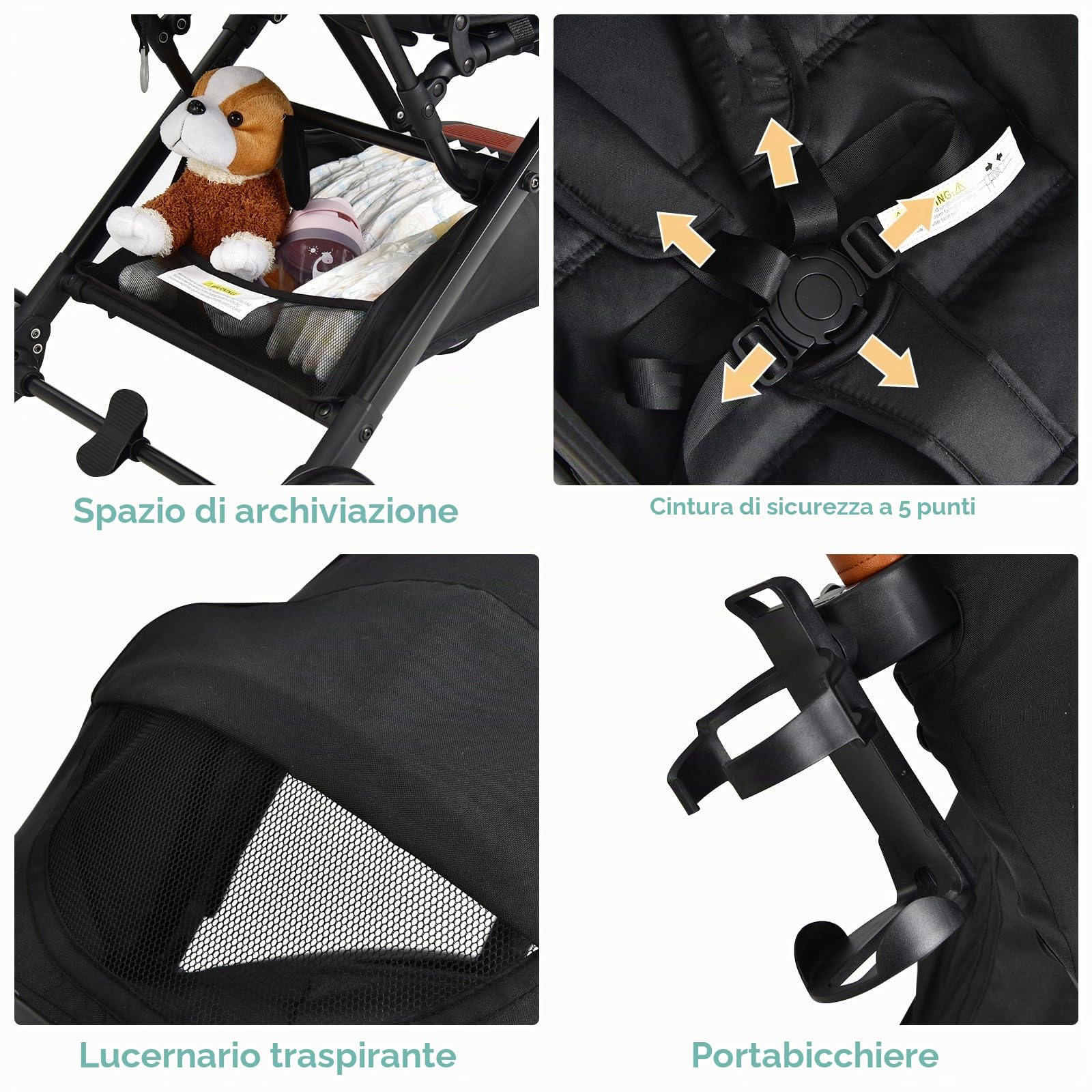 LIFEZEAL Passeggino pieghevole con schienale regolabile, passeggino compatto e comodo con zanzariera, imbracatura a 5 punti, 4 ruote, cestino portaoggetti, carico di 15 kg, 0-36 mesi (nero)