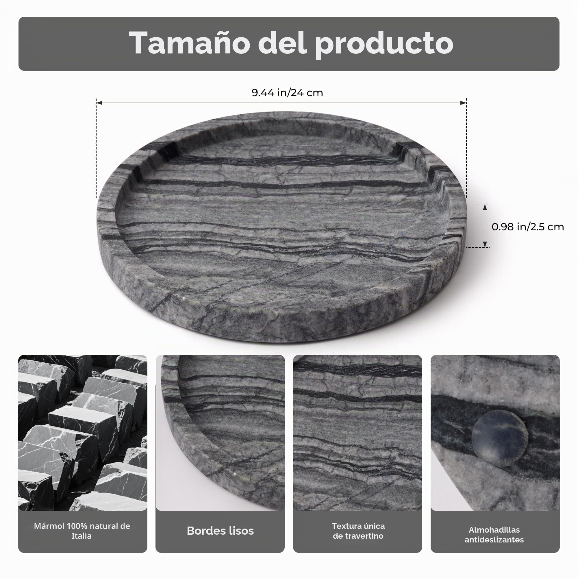 Bandeja redonda de mármol para joyas, 24 cm de diámetro x 2,5 cm de alto, bandeja decorativa | para mesa de centro sala de estar escritorio cocina baño, negro gris (WH017)