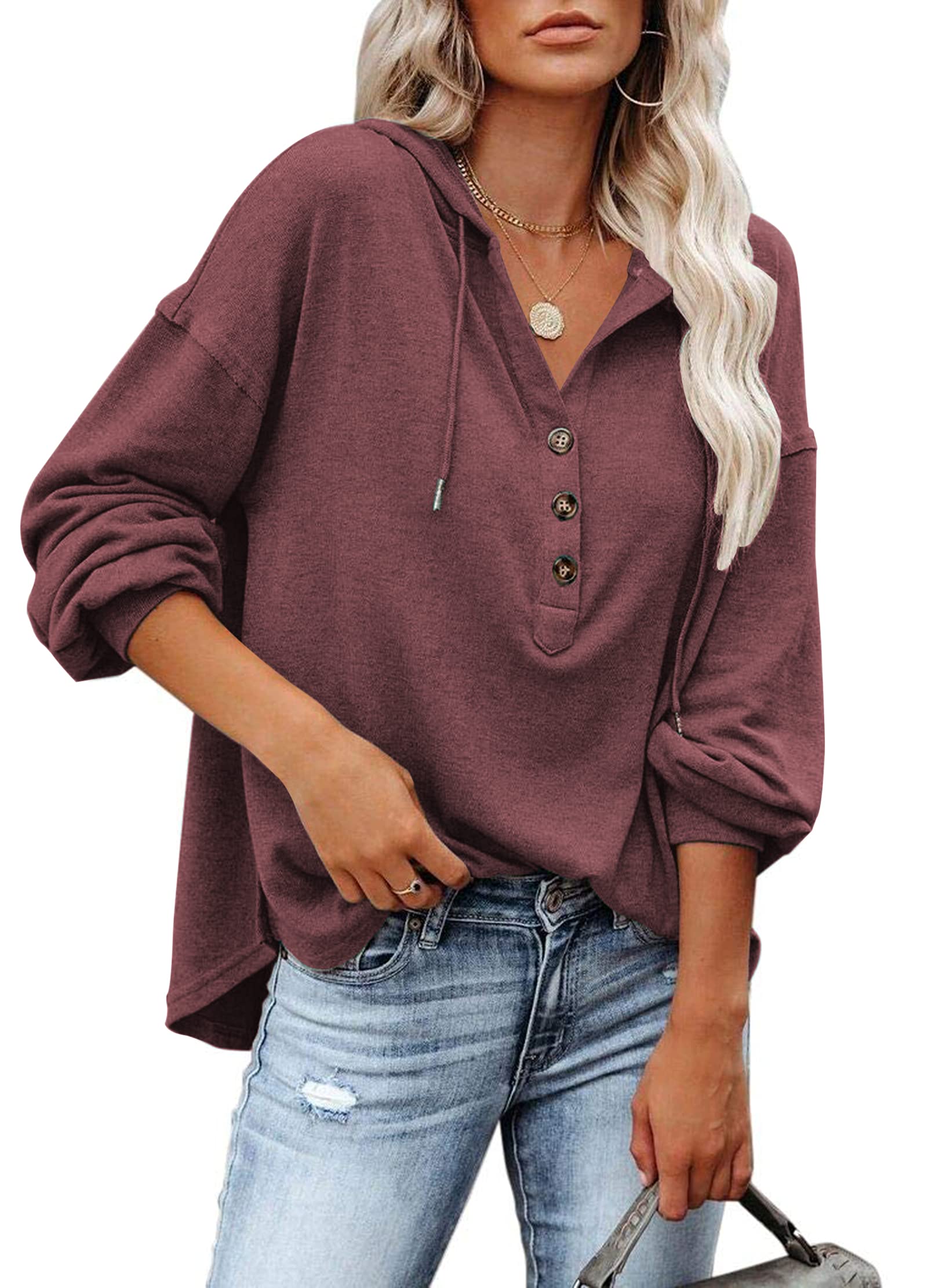 PLOKNRD Hoodie Damen V-Ausschnitt Pullover Kordelzug Dünn Kapuzenpullover | Langarm Knöpfen Henley Tops Sweatshirt Hooded Kapuze Herbst Winter Leicht Freizeit Sport Boho Klassisch Urlaub Party