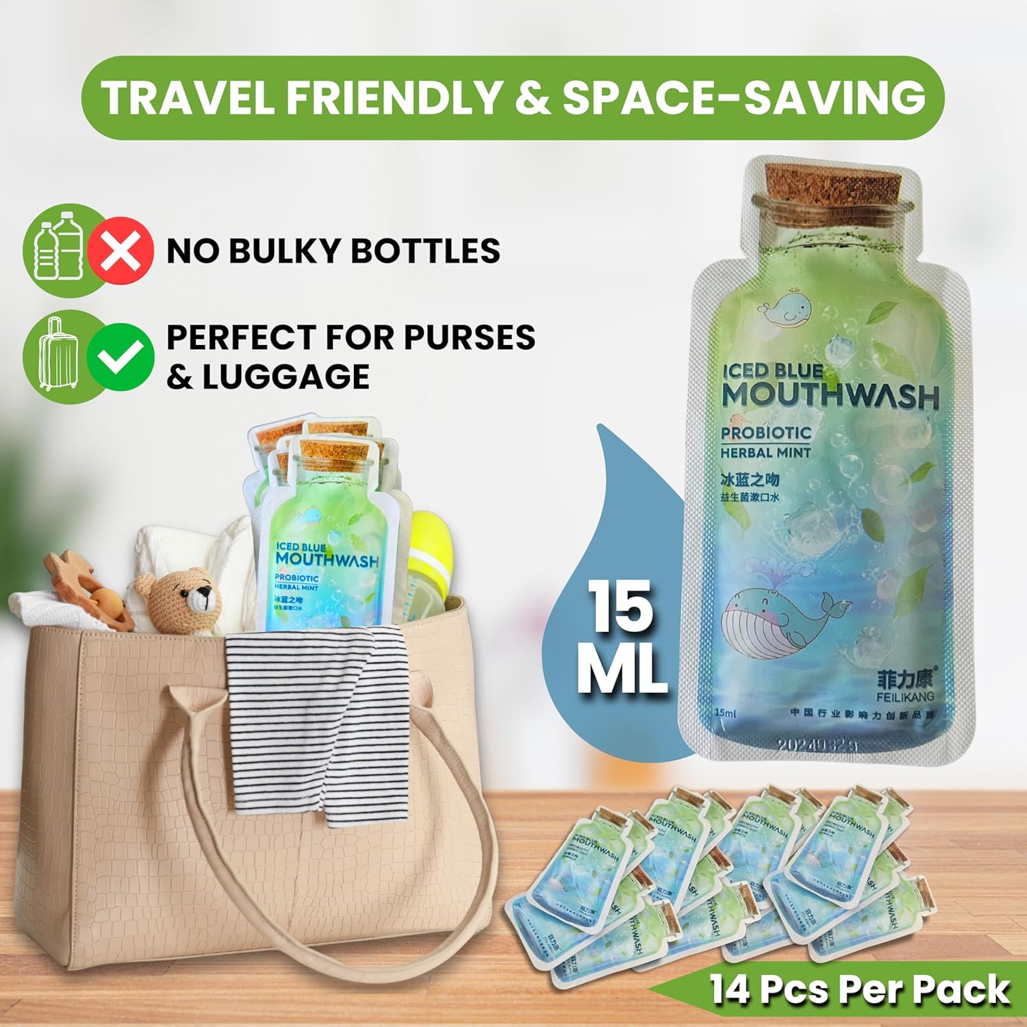 Skywin Travel Size Mouthwash - Mini Mint Flavored Packets for Adults, Prevents Cavities, Individual Packets (14 Pcs in 1 Pack) - Image 3